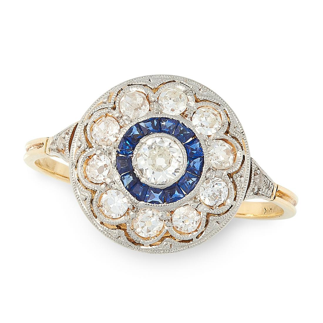 AN ART DECO DIAMOND AND SAPPHIRE RING in yellow gold, (1 of 1)