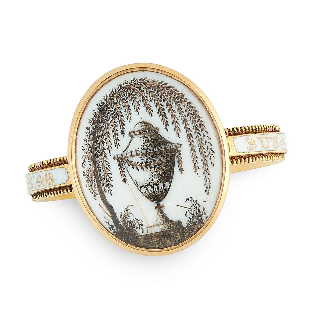 AN ANTIQUE ENAMEL HAIRWORK MINIATURE MOURNING RING, (1 of 2)