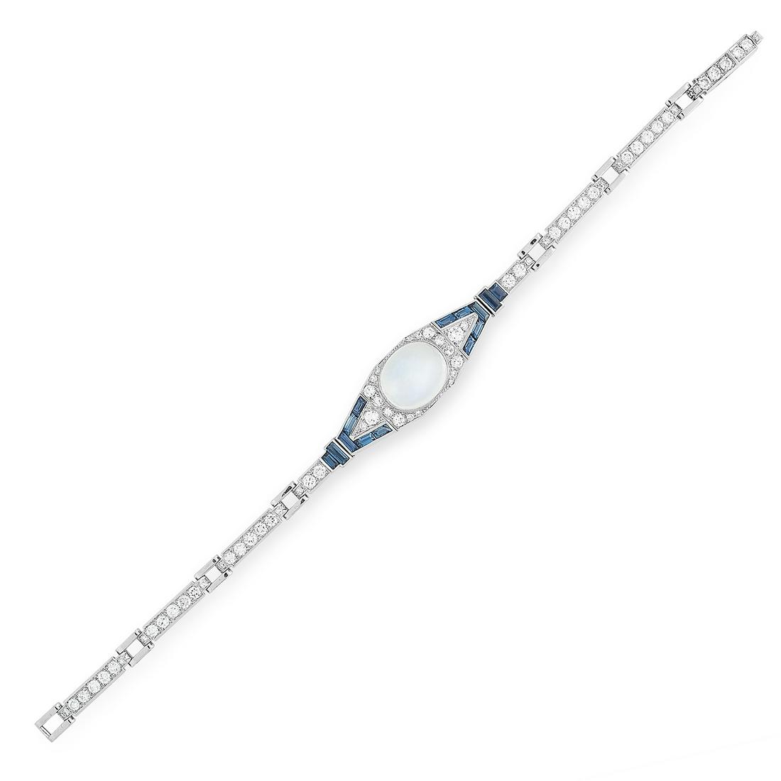 A MOONSTONE, SAPPHIRE AND DIAMOND BRACELET in platinum, (1 of 1)