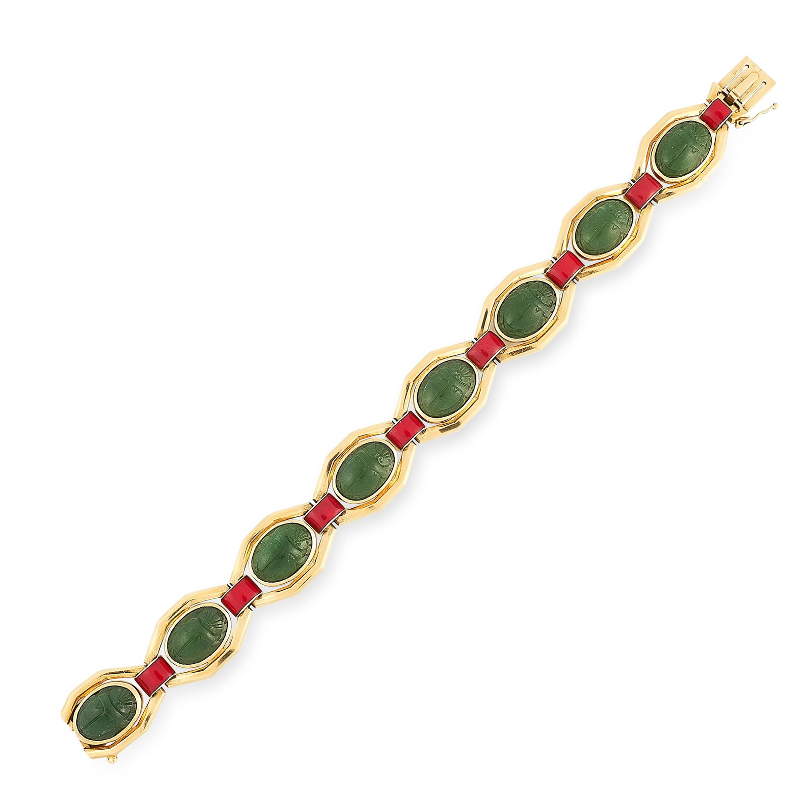 AN ART DECO JADE AND ENAMEL SCARAB BRACELET, JANESICH: AN ART DECO JADE AND ENAMEL SCARAB BRACELET, JANESICH in 18ct yellow gold, formed of a series of eight elongated octagonal links each one set with an oval jade scarab beetle, the reverse of each carve