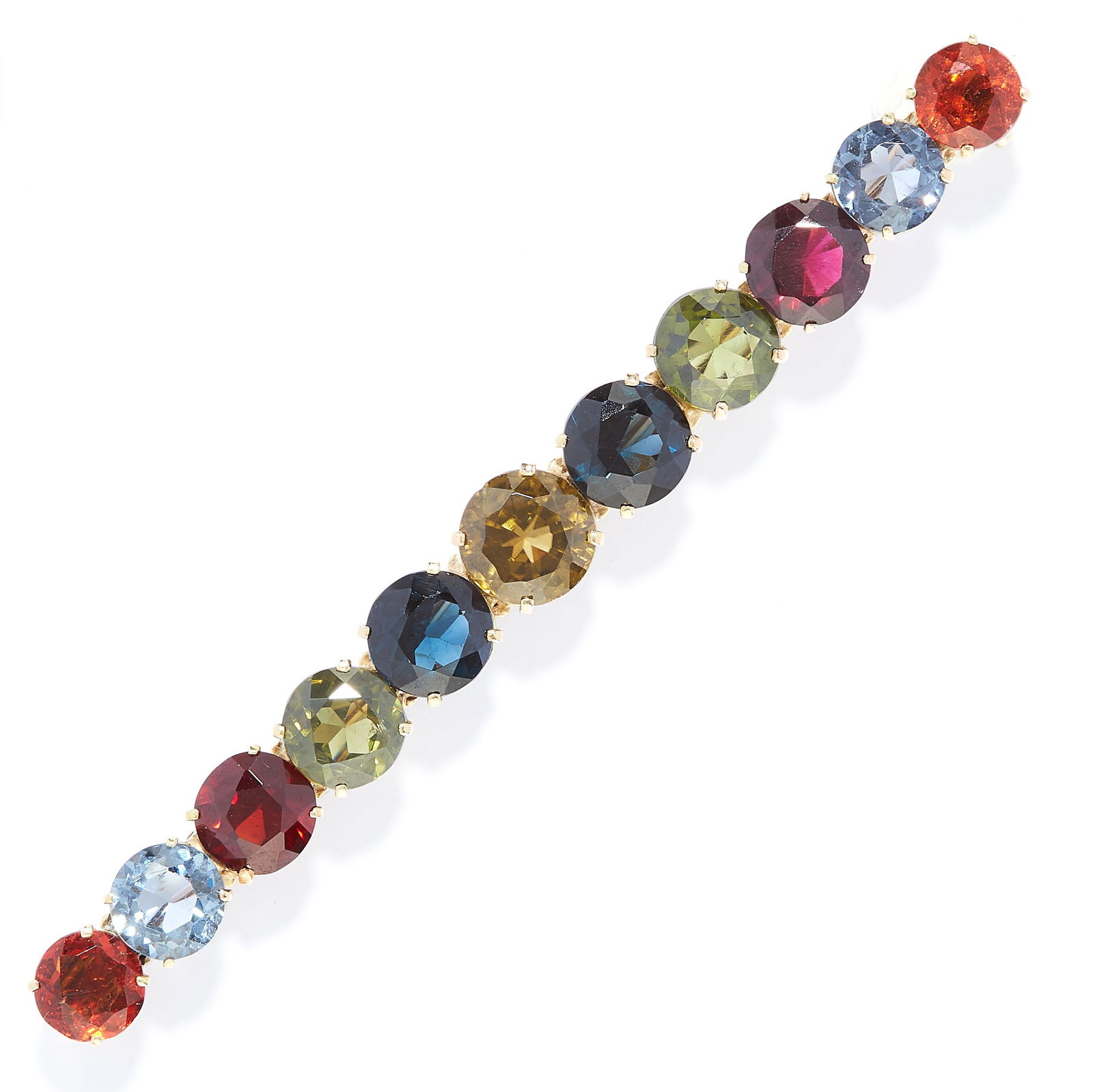 A MULTI GEM SET BAR BROOCH in yellow gold, comprising a (1 of 1)