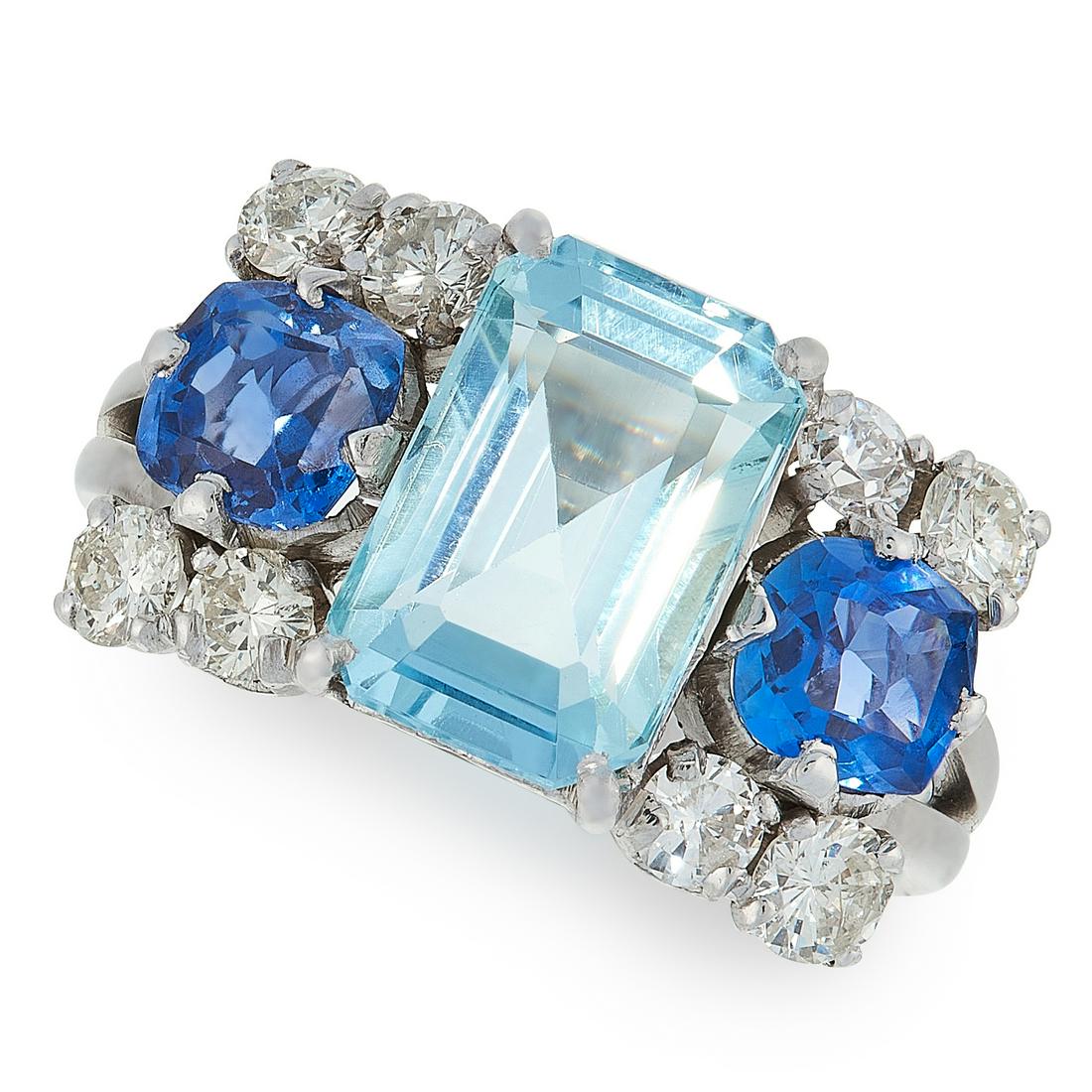 AN AQUAMARINE, SAPPHIRE AND DIAMOND RING set with an: AN AQUAMARINE, SAPPHIRE AND DIAMOND RING set with an emerald cut aquamarine of 2.80 carats, between cushion cut sapphires and round cut diamonds, unmarked, size N / 6.75, 5.8g.