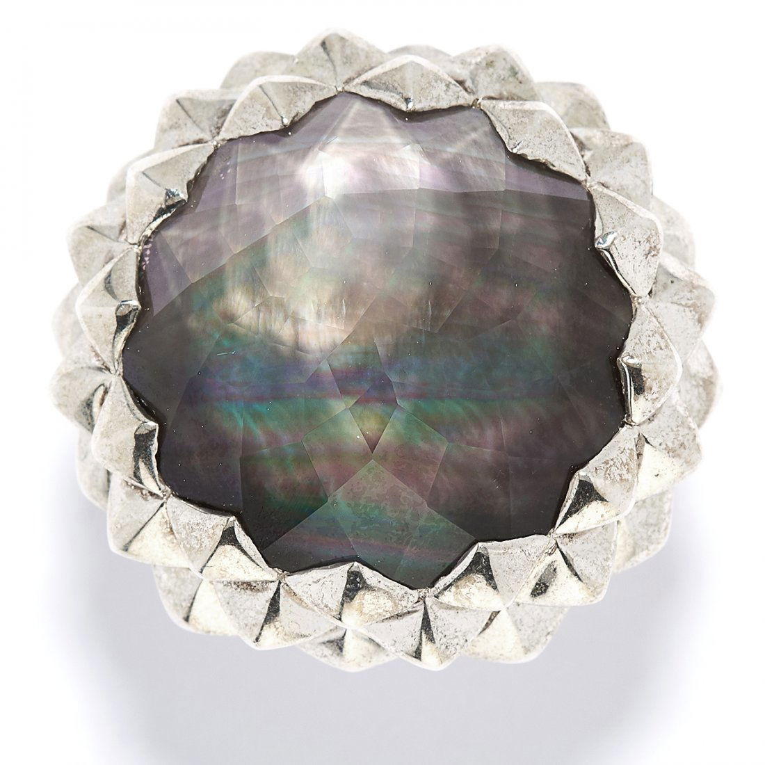 A MOTHER OF PEARL AND SMOKEY QUARTZ DRESS RING, STEPHEN: A MOTHER OF PEARL AND SMOKEY QUARTZ DRESS RING, STEPHEN WEBSTER set with a mother of pearl slice beneath a faceted smokey quartz, signed Stephen Webster, size M / 6, 29.2g.