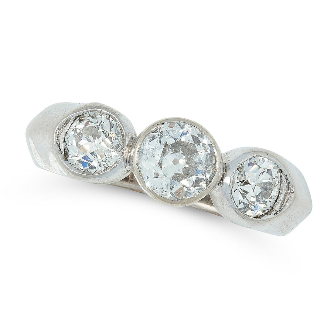 A THREE STONE DIAMOND RING, ANDREW GRIMA set with a: A THREE STONE DIAMOND RING, ANDREW GRIMA set with a trio of old cut diamonds in rubover settings totalling 1.53 carats, signed Grima, stamped 750, size L / 6, 7.3g.