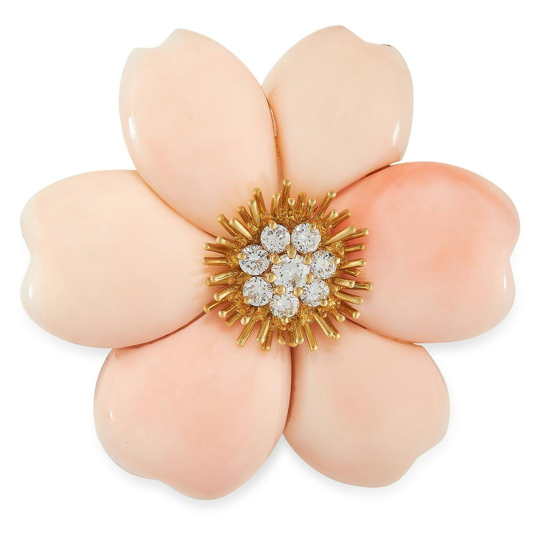 A CORAL AND DIAMOND ROSE DE NOEL BROOCH / PENDANT in (1 of 1)