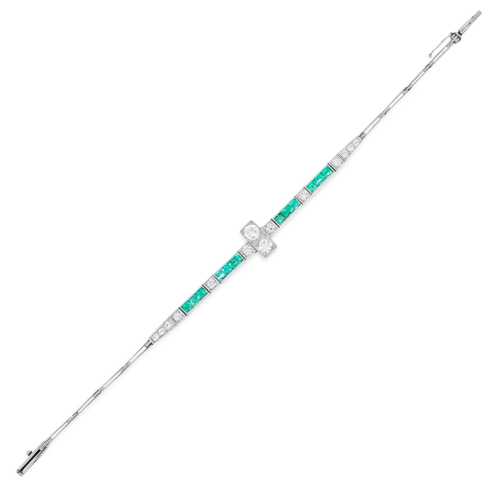 AN ART DECO DIAMOND AND EMERALD BRACELET in platinum, (1 of 1)