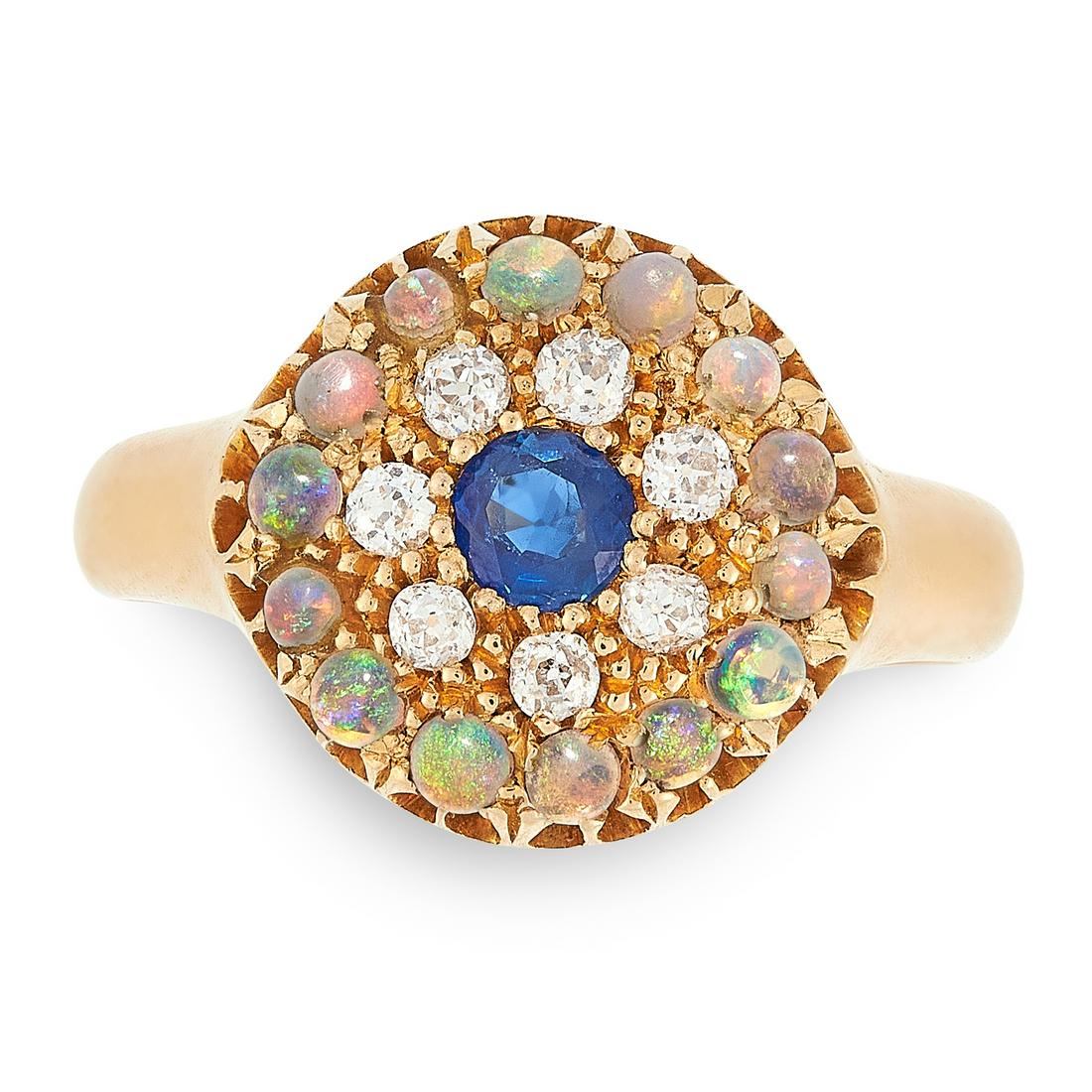 AN OPAL, DIAMOND AND SAPPHIRE CLUSTER RING in yellow (1 of 1)
