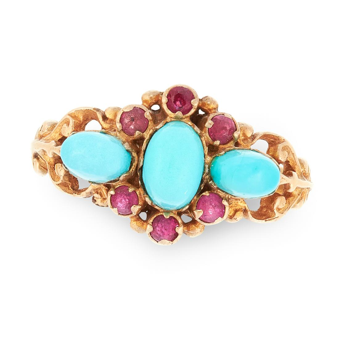A TURQUOISE AND RUBY RING in yellow gold, set with a (1 of 1)