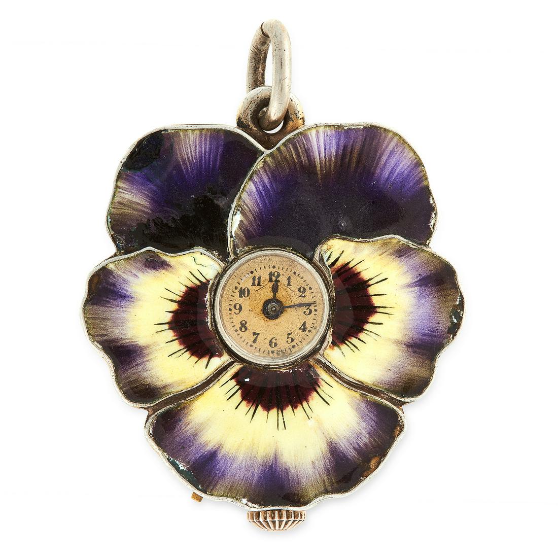 AN ANTIQUE ENAMELLED PANSY WATCH PENDANT in silver, (1 of 1)