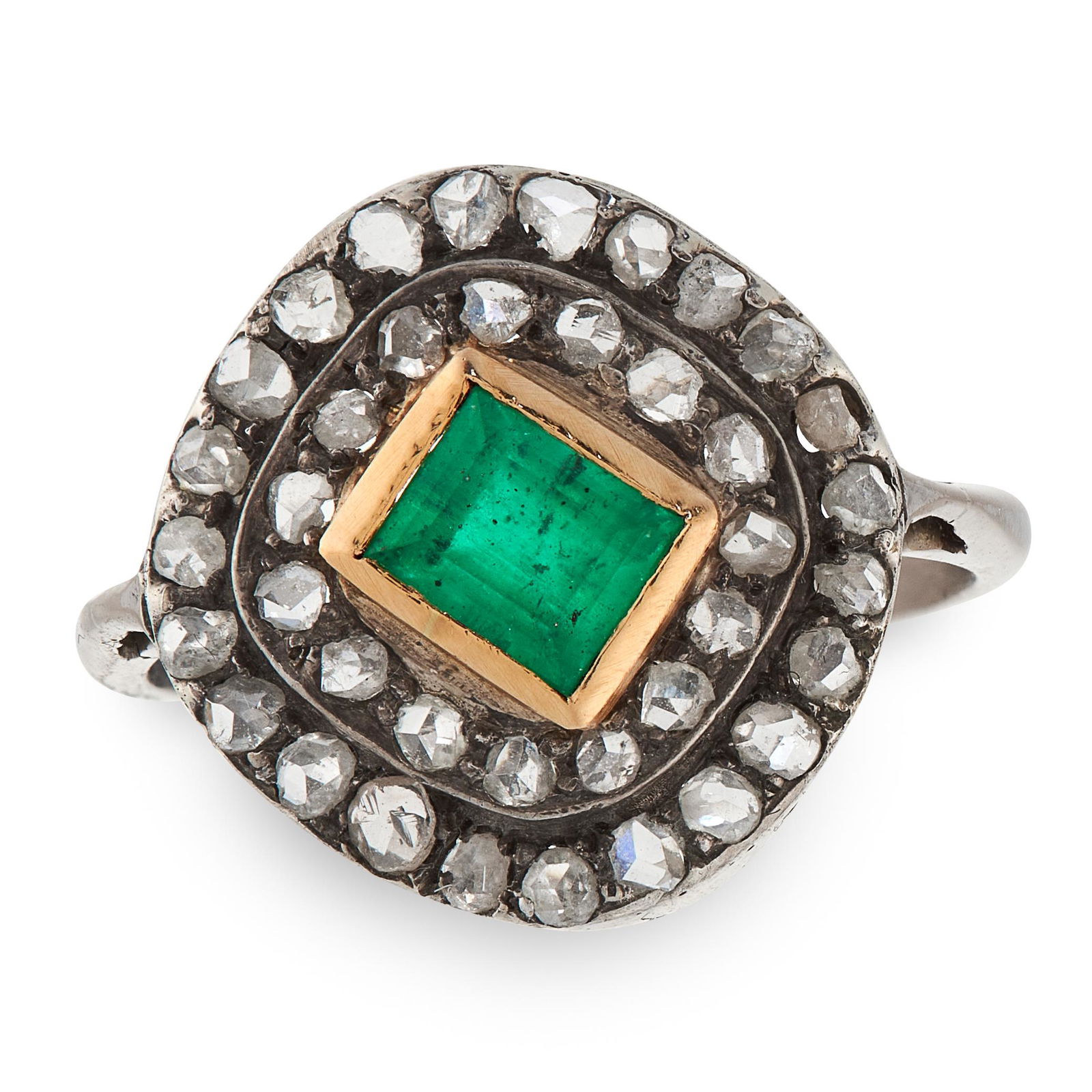 AN EMERALD AND DIAMOND CLUSTER RING set with a step cut (1 of 1)