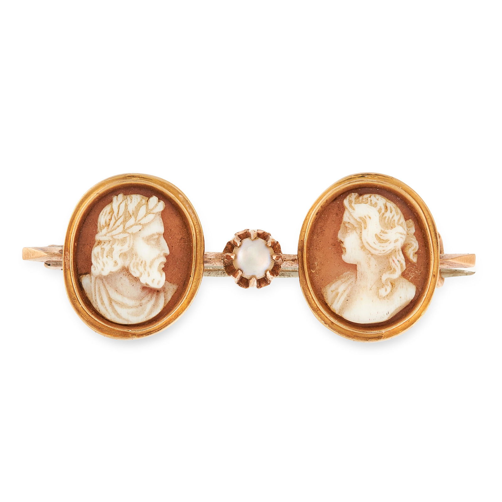 AN ANTIQUE VICTORIAN CAMEO AND PEARL BROOCH in yellow (1 of 1)