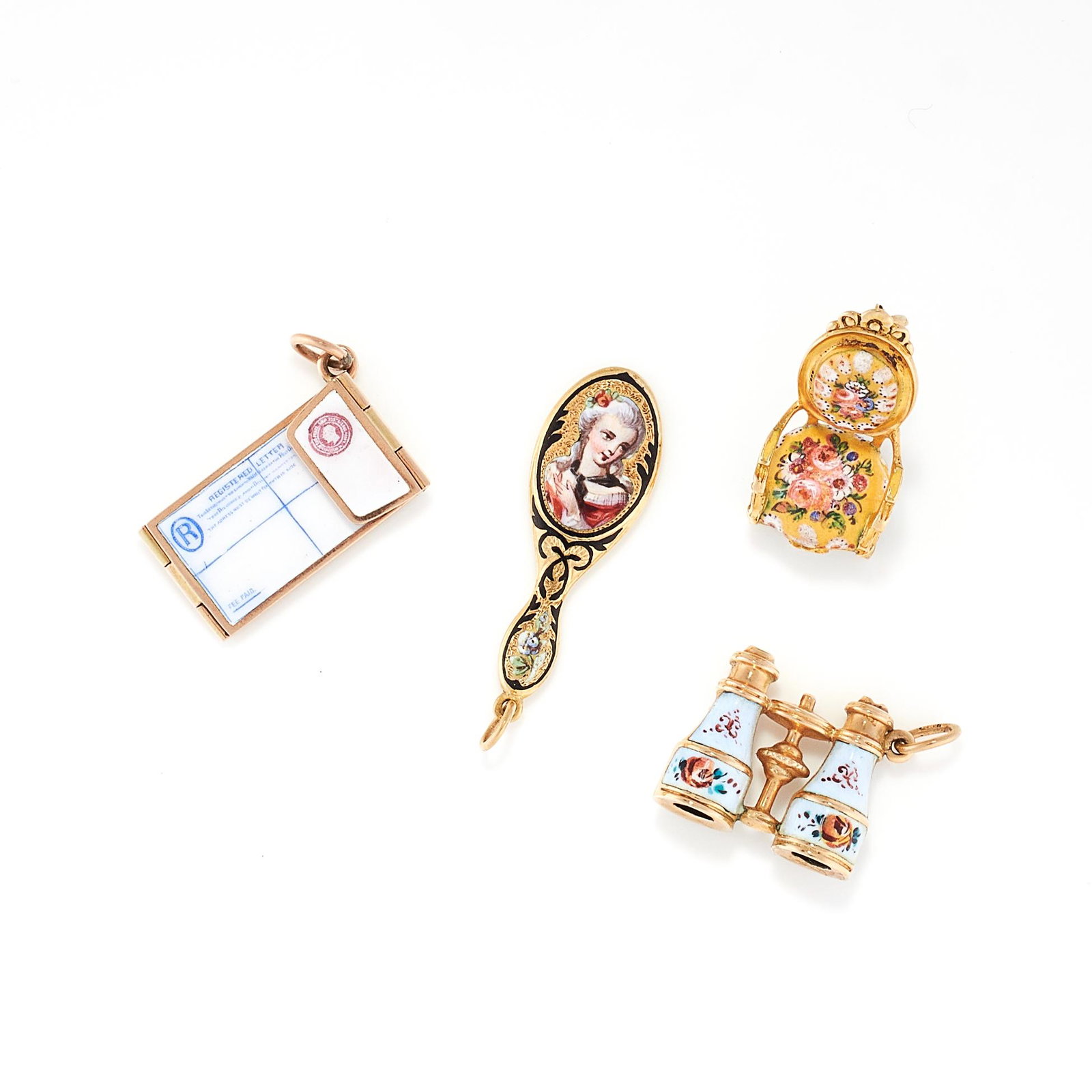 A SET OF FOUR ANTIQUE ENAMEL CHARMS in yellow gold, (1 of 1)