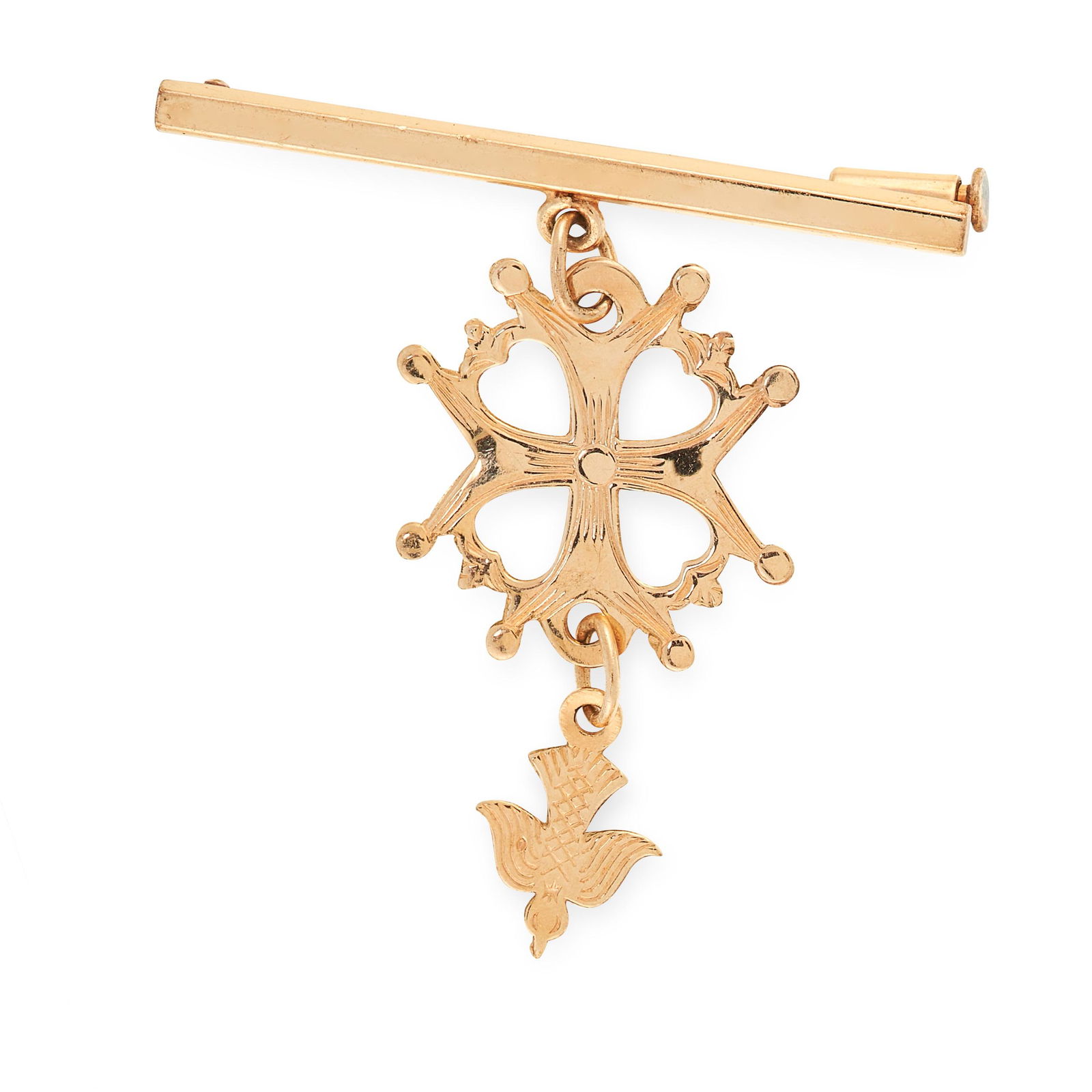 A ST ESPRIT BROOCH in 18ct yellow gold, depicting a: A ST ESPRIT BROOCH in 18ct yellow gold, depicting a dove flying, suspended below a Maltese cross and a plain bar, Portuguese assay marks, 3.9cm, 2.3g.