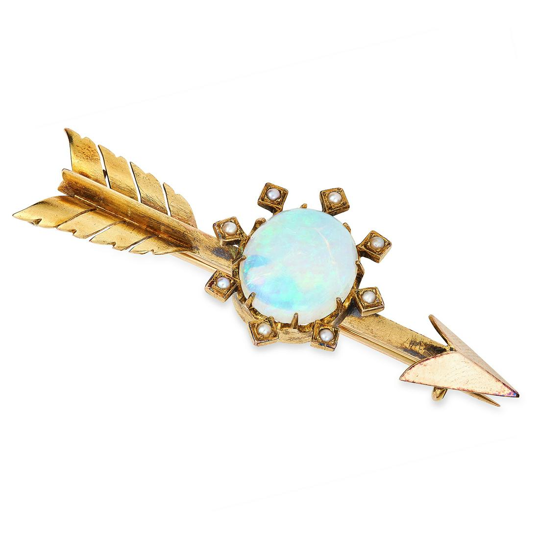 AN ANTIQUE OPAL AND PEARL ARROW BROOCH in yellow gold, (1 of 1)
