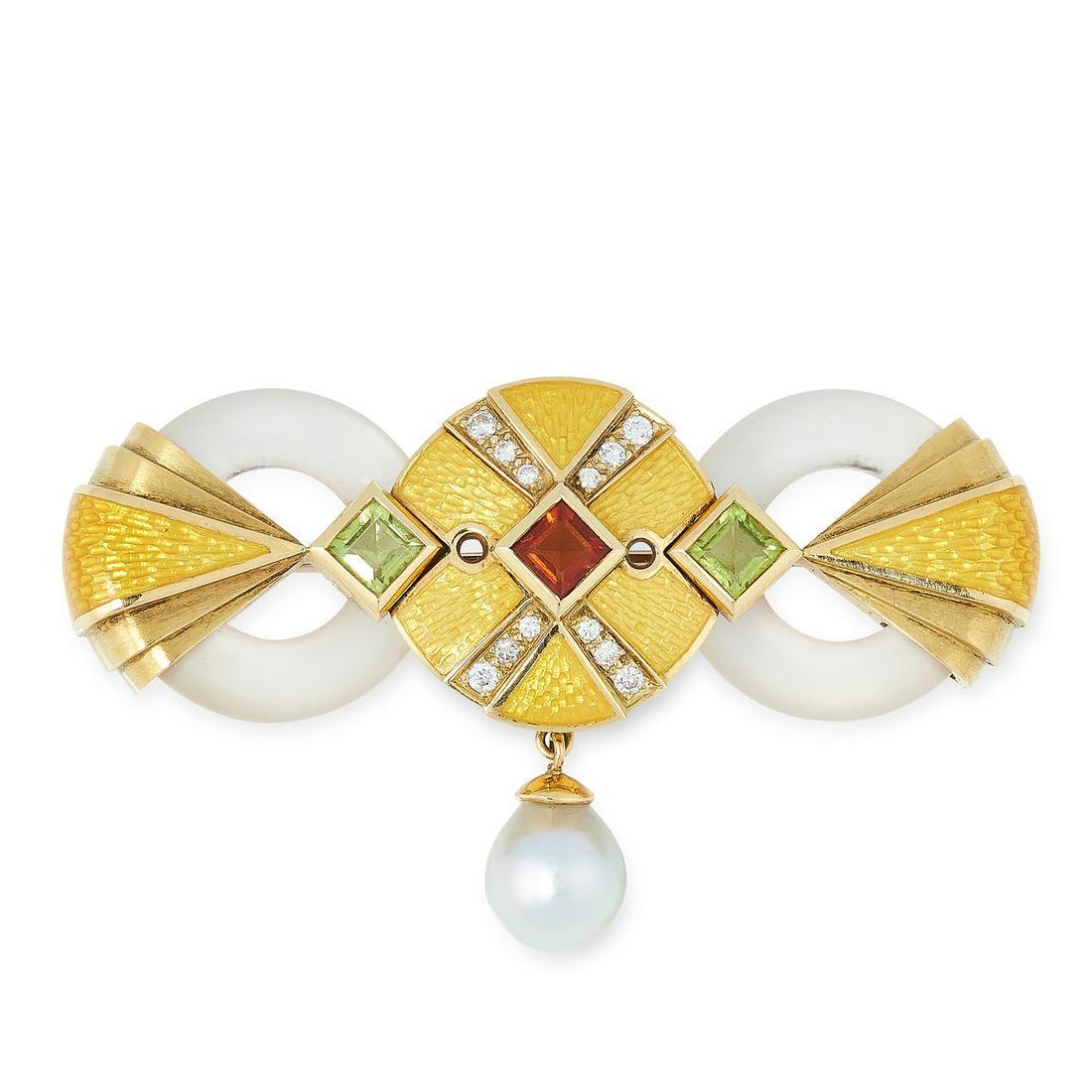 A JEWELLED ENAMEL BROOCH, STEPHEN WEBSTER in 18ct: A JEWELLED ENAMEL BROOCH, STEPHEN WEBSTER in 18ct yellow gold, formed of two circular pieces of carved rock crystal, accented by mounts embellished with yellow enamel and set with garnets, peridot and