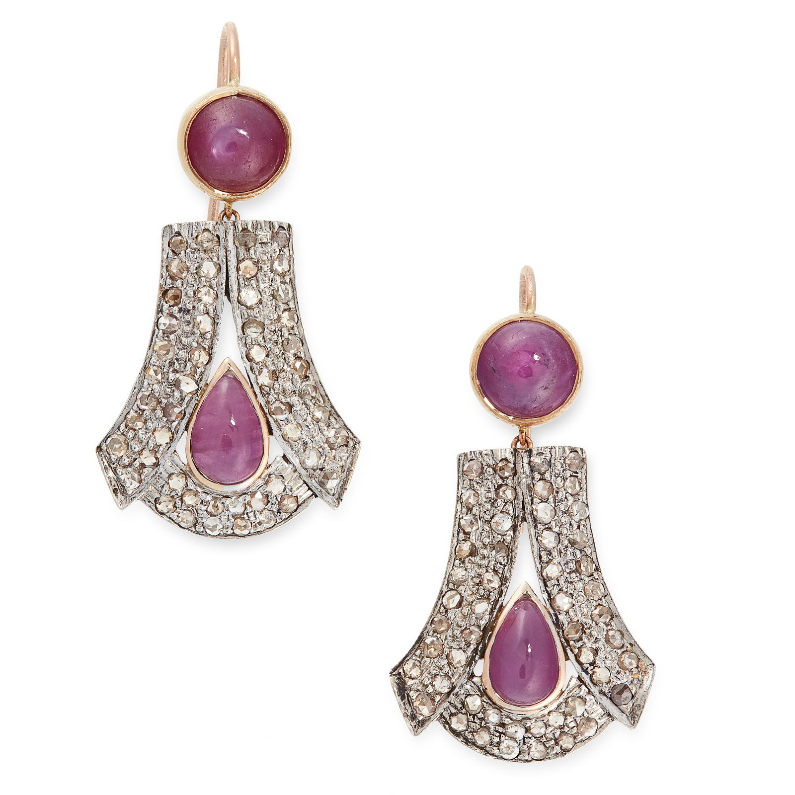 A PAIR OF RUBY AND DIAMOND DROP EARRINGS each set with (1 of 1)