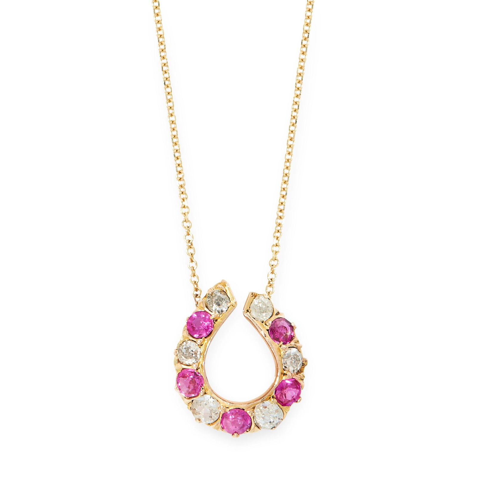 A RUBY AND DIAMOND HORSESHOE PENDANT NECKLACE in yellow (1 of 1)