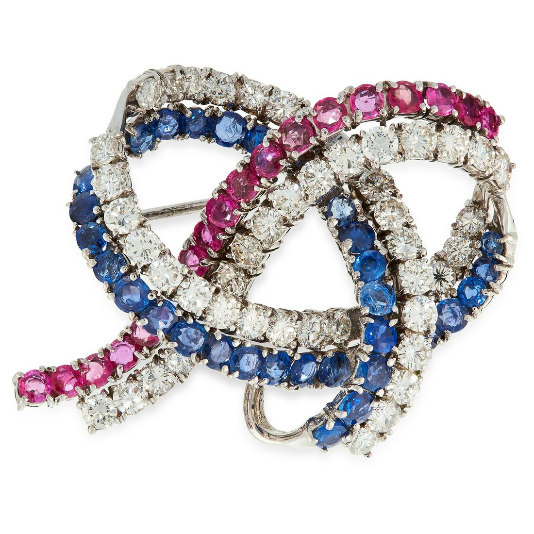 A VINTAGE RUBY, SAPPHIRE AND DIAMOND BROOCH in 18ct (1 of 1)