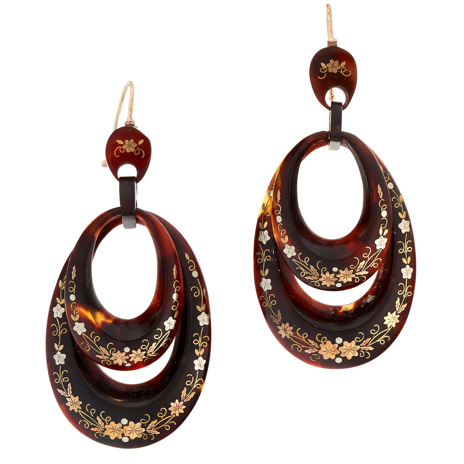A PAIR OF ANTIQUE PIQUE TORTOISESHELL EARRINGS in oval (1 of 1)