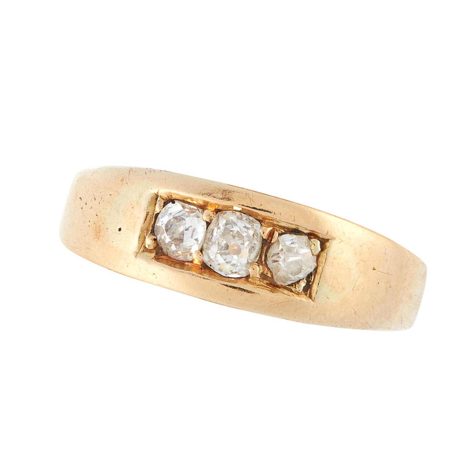 AN ANTIQUE VICTORIAN DIAMOND DRESS RING, 1891 in 18ct: AN ANTIQUE VICTORIAN DIAMOND DRESS RING, 1891 in 18ct yellow gold, the tapering band set with a trio of graduated old cut diamonds, full British hallmarks for Birmingham 1891, size M / 6.25, 3.4g.