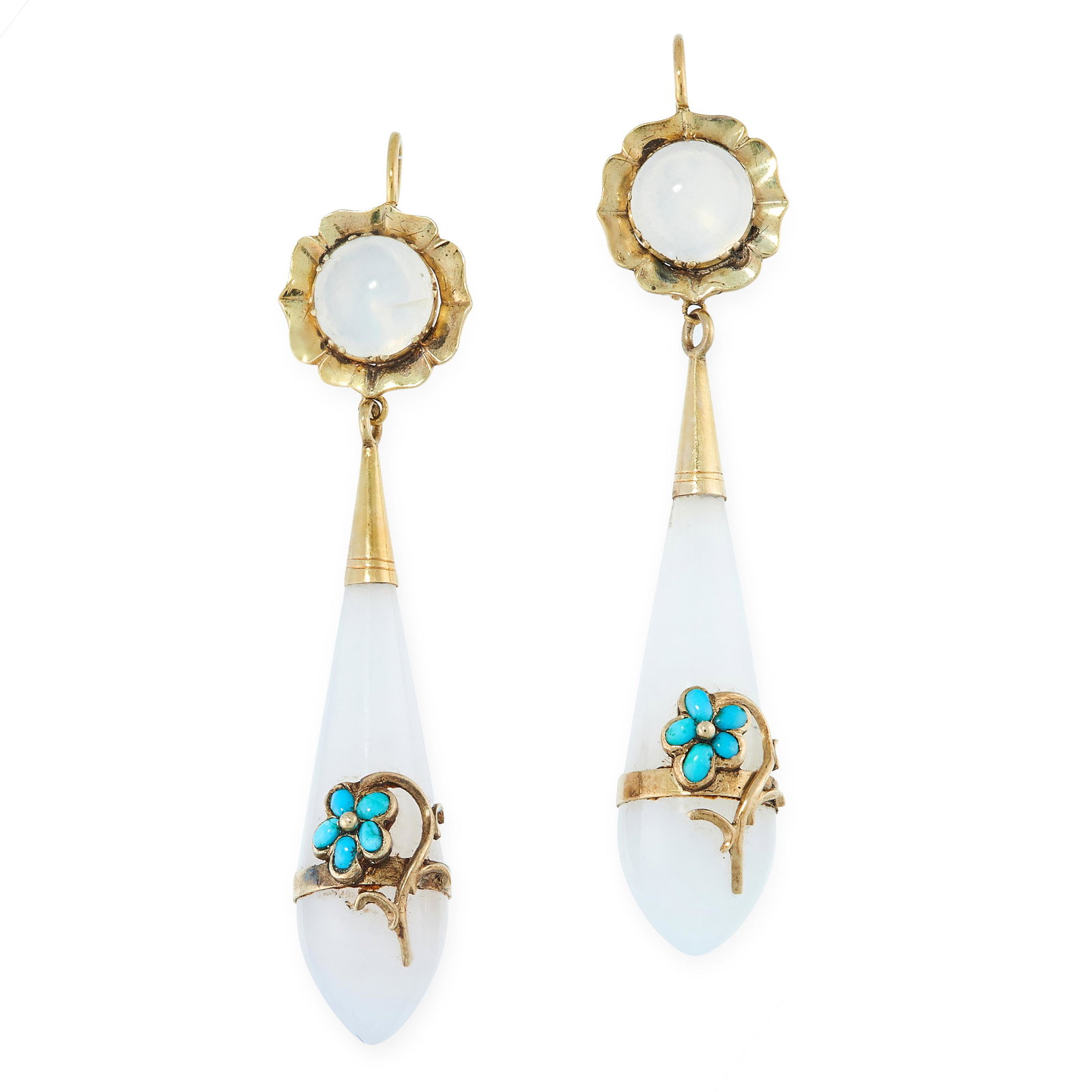 A PAIR OF ANTIQUE TURQUOISE AND CHALCEDONY EARRINGS, (1 of 1)