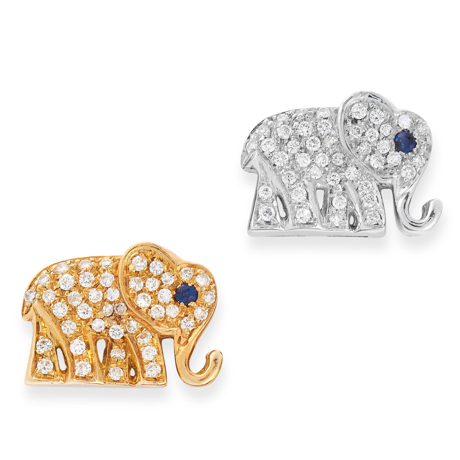 A PAIR OF SAPPHIRE AND DIAMOND ELEPHANT STUD EARRINGS: A PAIR OF SAPPHIRE AND DIAMOND ELEPHANT STUD EARRINGS in yellow and white gold, designed as elephants, set all over with round cut diamonds with round cut sapphire eyes, the clasp is stamped 375, 1.5c