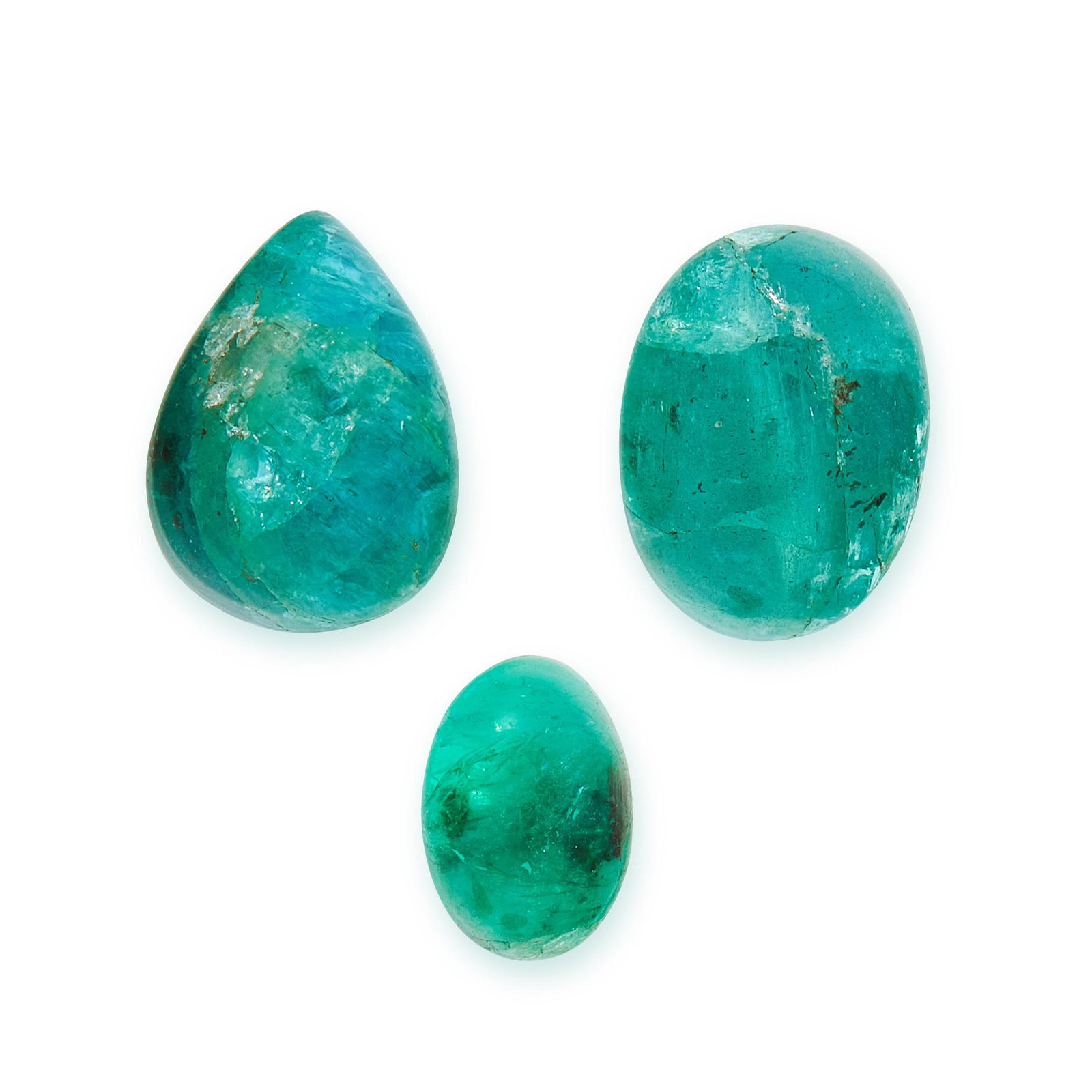 THREE UNMOUNTED EMERALDS two oval cabochon, one pear (1 of 1)