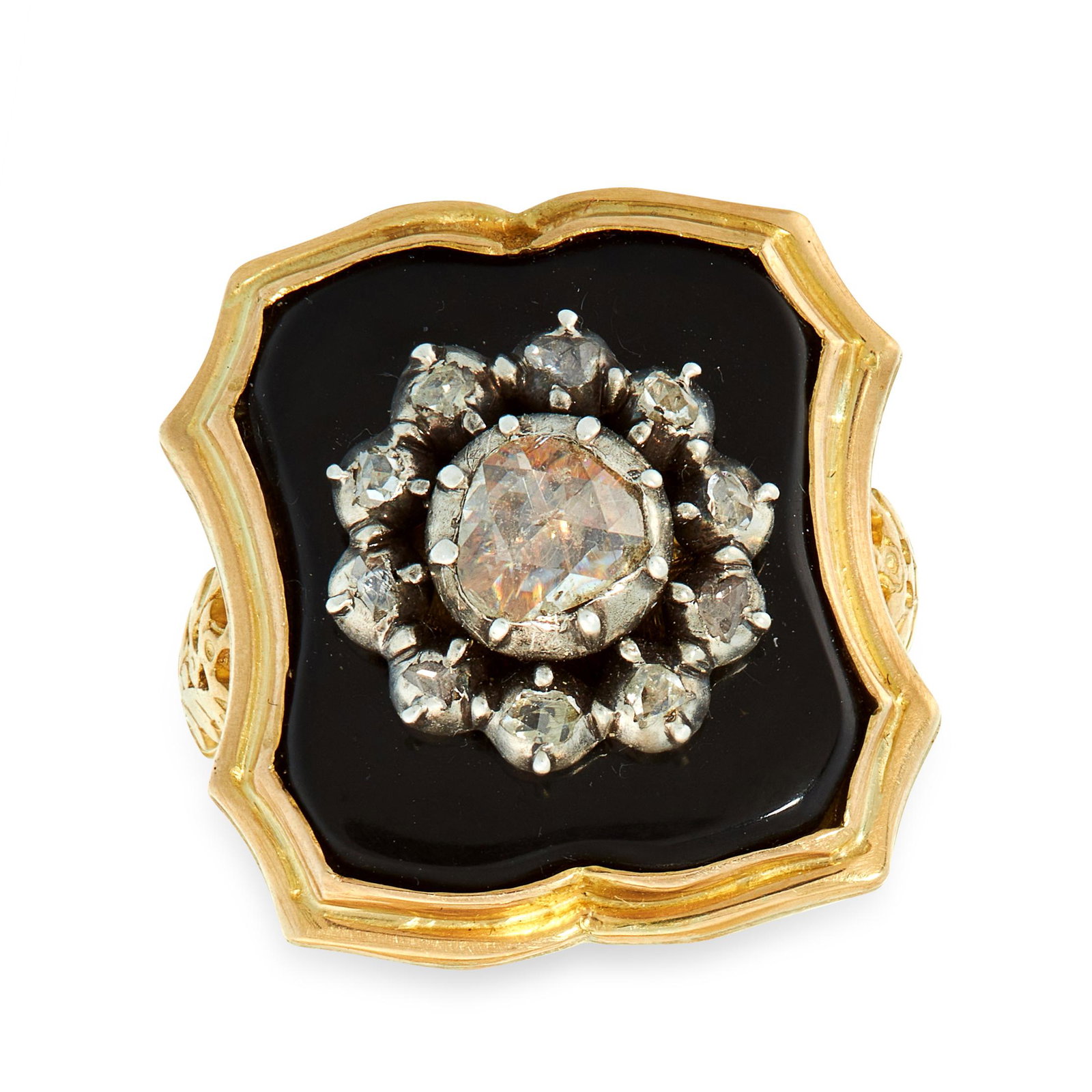 AN ANTIQUE DIAMOND AND ONYX DRESS RING in yellow gold, (1 of 1)