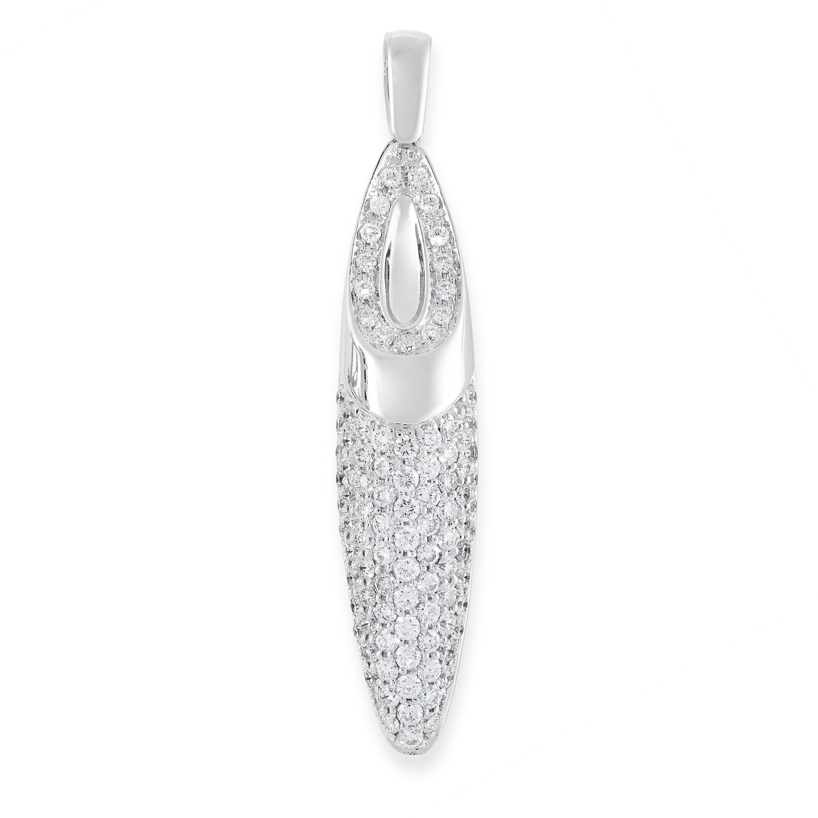 A DIAMOND PENDANT, CHIMENTO in 18ct white gold, the: A DIAMOND PENDANT, CHIMENTO in 18ct white gold, the tapering body set throughout with round cut diamonds, signed Chimento, stamped 750, 3,9cm, 6.8g.