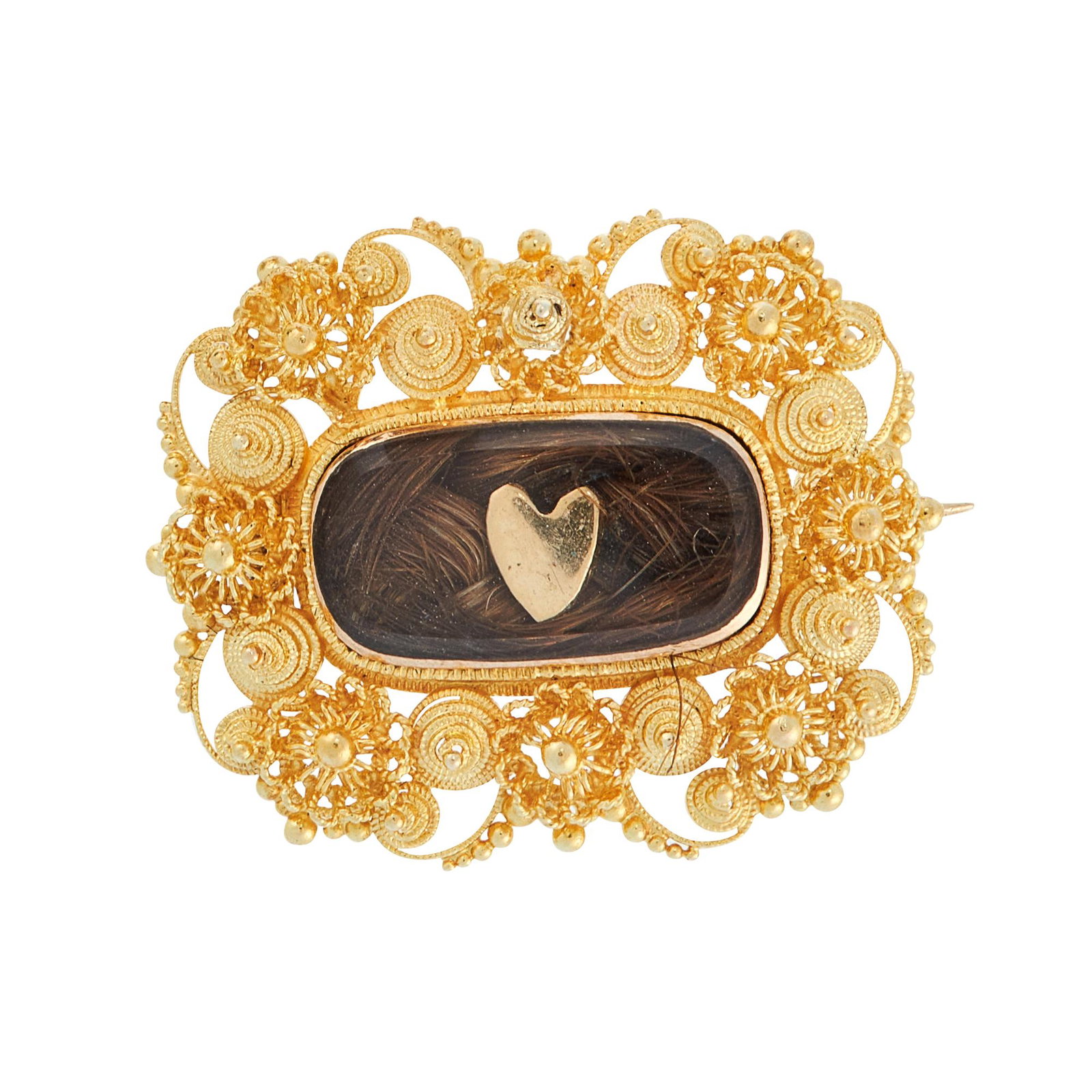AN ANTIQUE HAIRWORK MOURNING LOCKET BROOCH in high: AN ANTIQUE HAIRWORK MOURNING LOCKET BROOCH in high carat yellow gold, comprising of a central hairwork panel set with a gold heart, in a decorated filigree border, unmarked, 2.5cm, 4.8g.