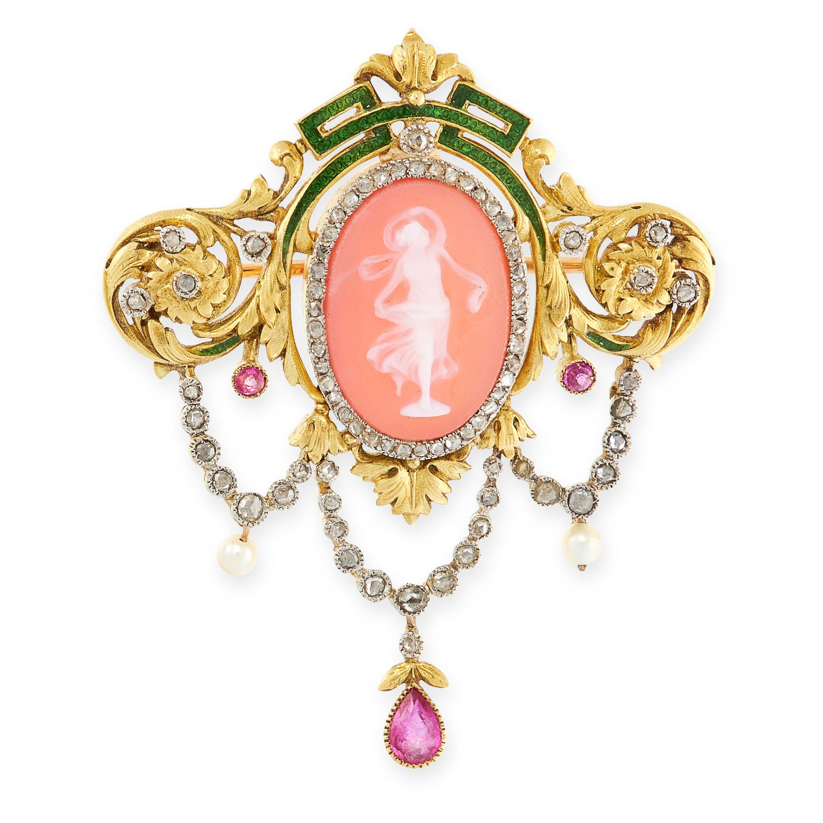 AN ANTIQUE CAMEO, ENAMEL, RUBY, PEARL AND DIAMOND (1 of 1)