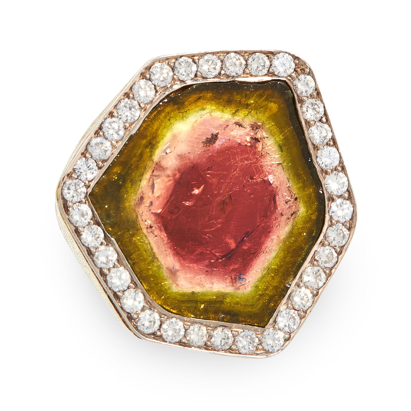 A VINTAGE WATERMELON TOURMALINE AND DIAMOND RING,: A VINTAGE WATERMELON TOURMALINE AND DIAMOND RING, ANDREW GRIMA 1990 in 18ct yellow gold, set with a hexagonal watermelon tourmaline crystal slice, within a border of round cut diamonds, the body with