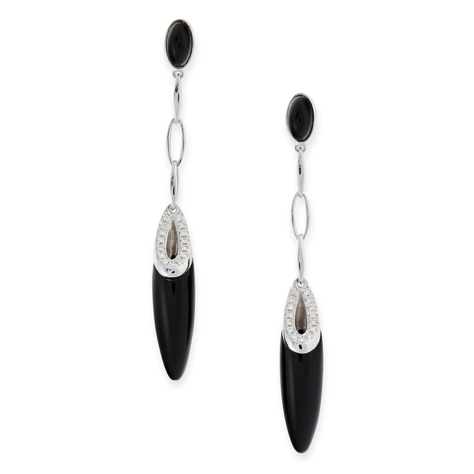 PAIR OF ONYX AND DIAMOND DROP EARRINGS, CHIMENTO in: PAIR OF ONYX AND DIAMOND DROP EARRINGS, CHIMENTO in 18ct white gold, each set with a polished onyx drop accented by round cut diamonds, suspended below further onyx cabochons above, signed Chimento, s