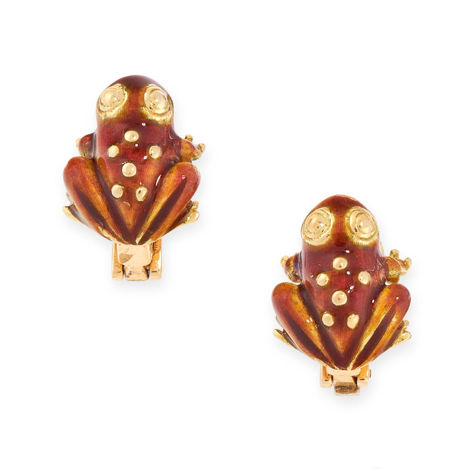 PAIR OF ENAMEL FROG EARRINGS, BOUCHERON in 18ct yellow: PAIR OF ENAMEL FROG EARRINGS, BOUCHERON in 18ct yellow gold, with applied brown enamel, signed Boucheron, French Assay marks, 1.7cm, 14.0g.
