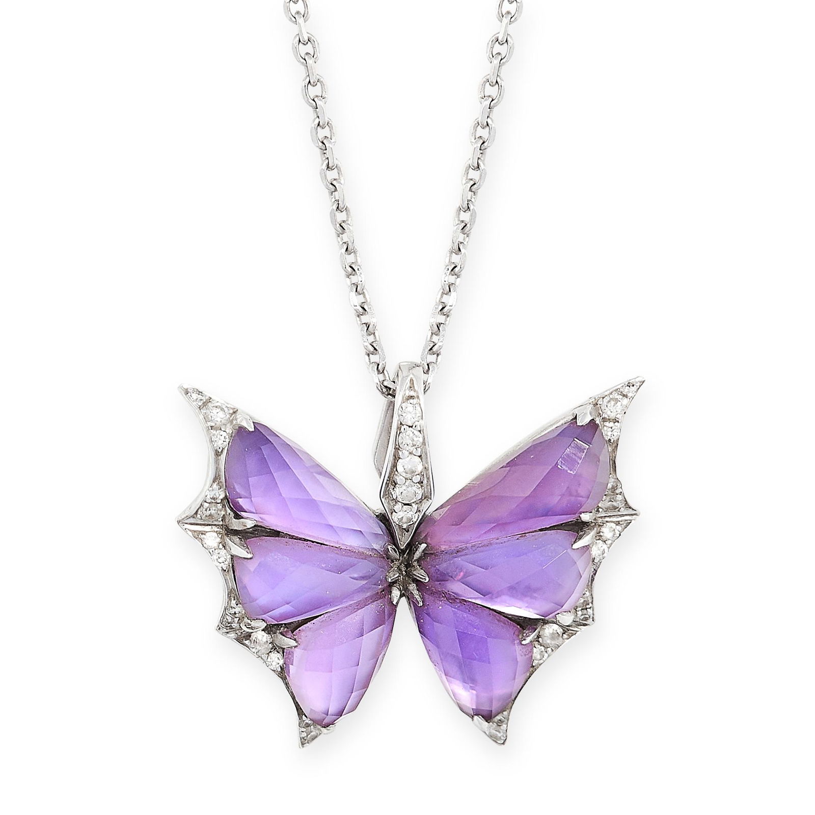 AMETHYST AND DIAMOND FLY BY NIGHT PENDANT AND CHAIN,: AMETHYST AND DIAMOND FLY BY NIGHT PENDANT AND CHAIN, STEPHEN WEBSTER mounted in 18ct white gold, the pendant designed as a moth, its wings set with amethysts accented by circular cut diamonds, on a be