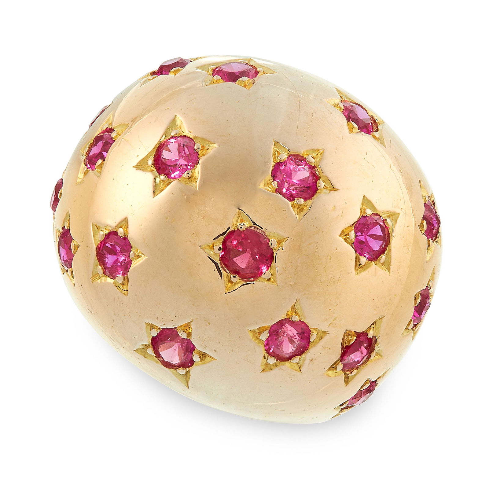 SYNTHETIC RUBY RING of bombe design, set with (1 of 2)
