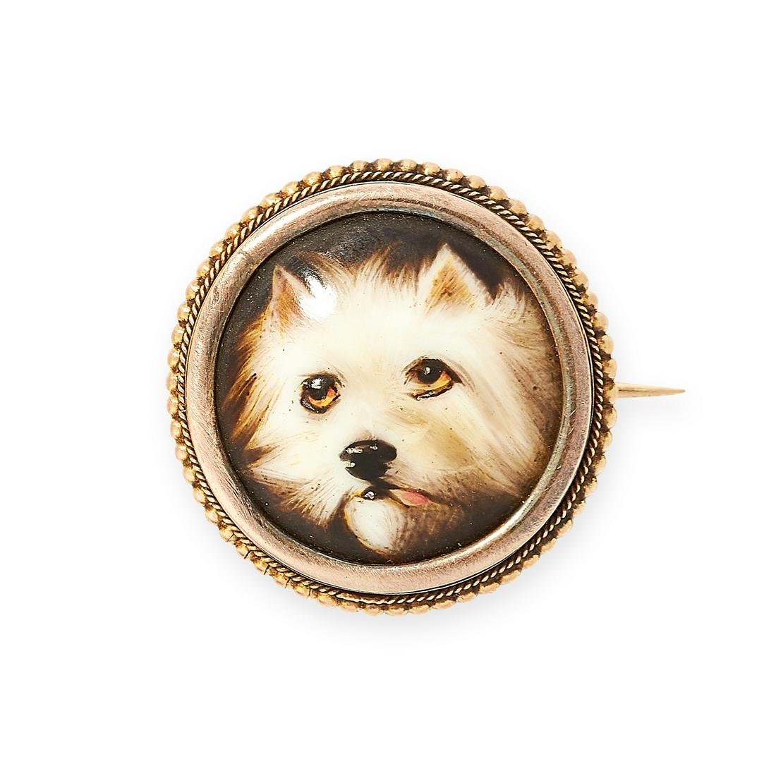 ANTIQUE PAINTED ENAMEL MINIATURE DOG BROOCH, 19TH (1 of 1)