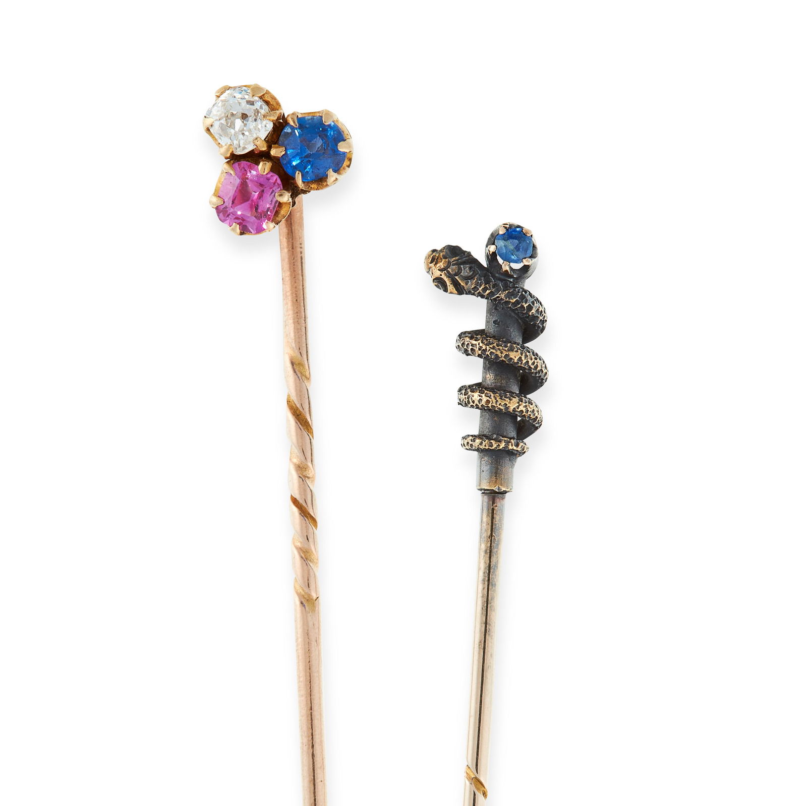 TWO ANTIQUE TIE / STICK PINS in yellow gold and silver, (1 of 1)