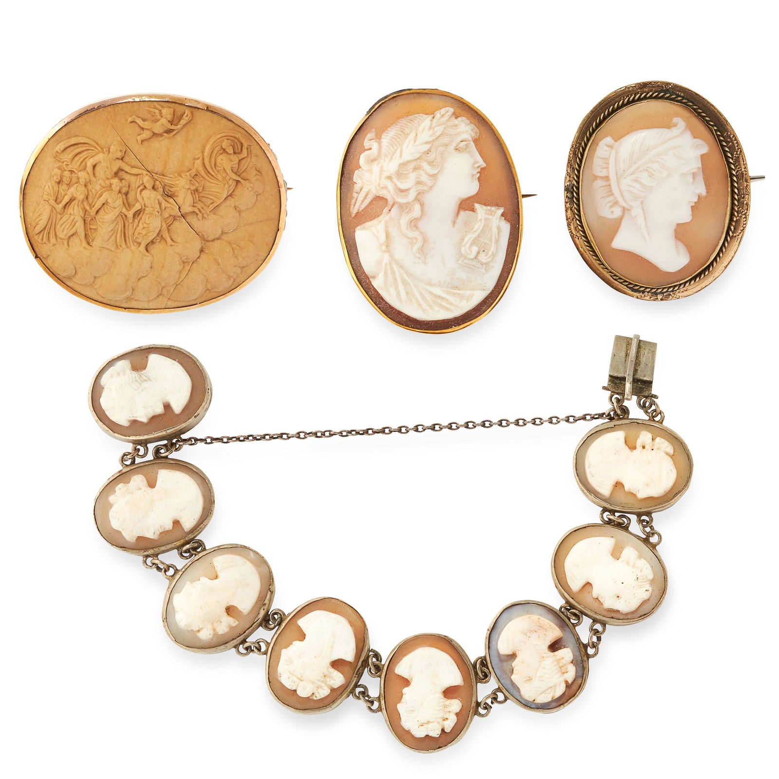 A MIXED LOT OF THREE CAMEO BROOCHES AND A BRACELET (1 of 1)