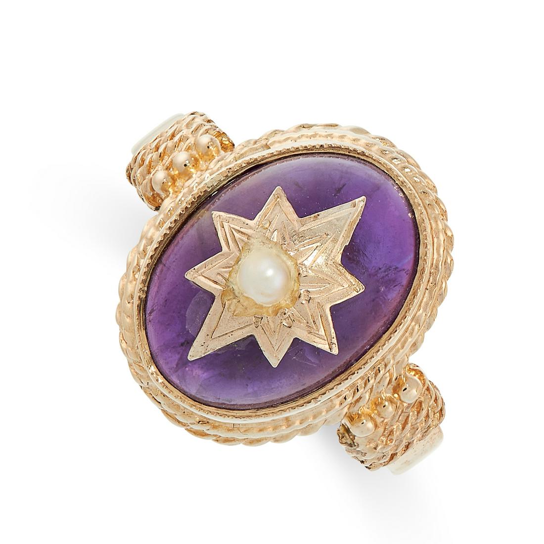 AMETHYST AND PEARL RING in yellow gold, set with an (1 of 2)
