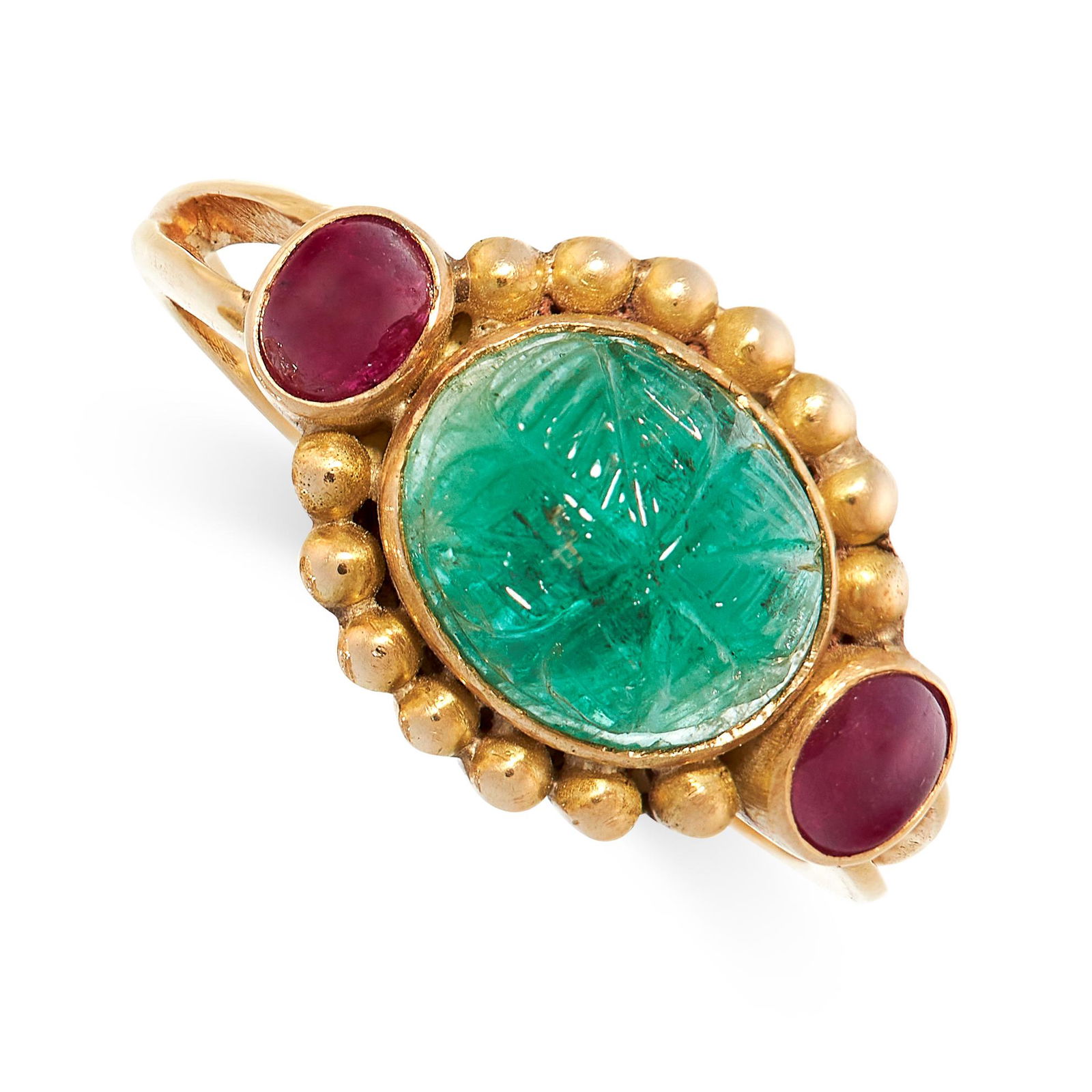 MUGHAL CARVED EMERALD AND RUBY DRESS RING set with an (1 of 2)