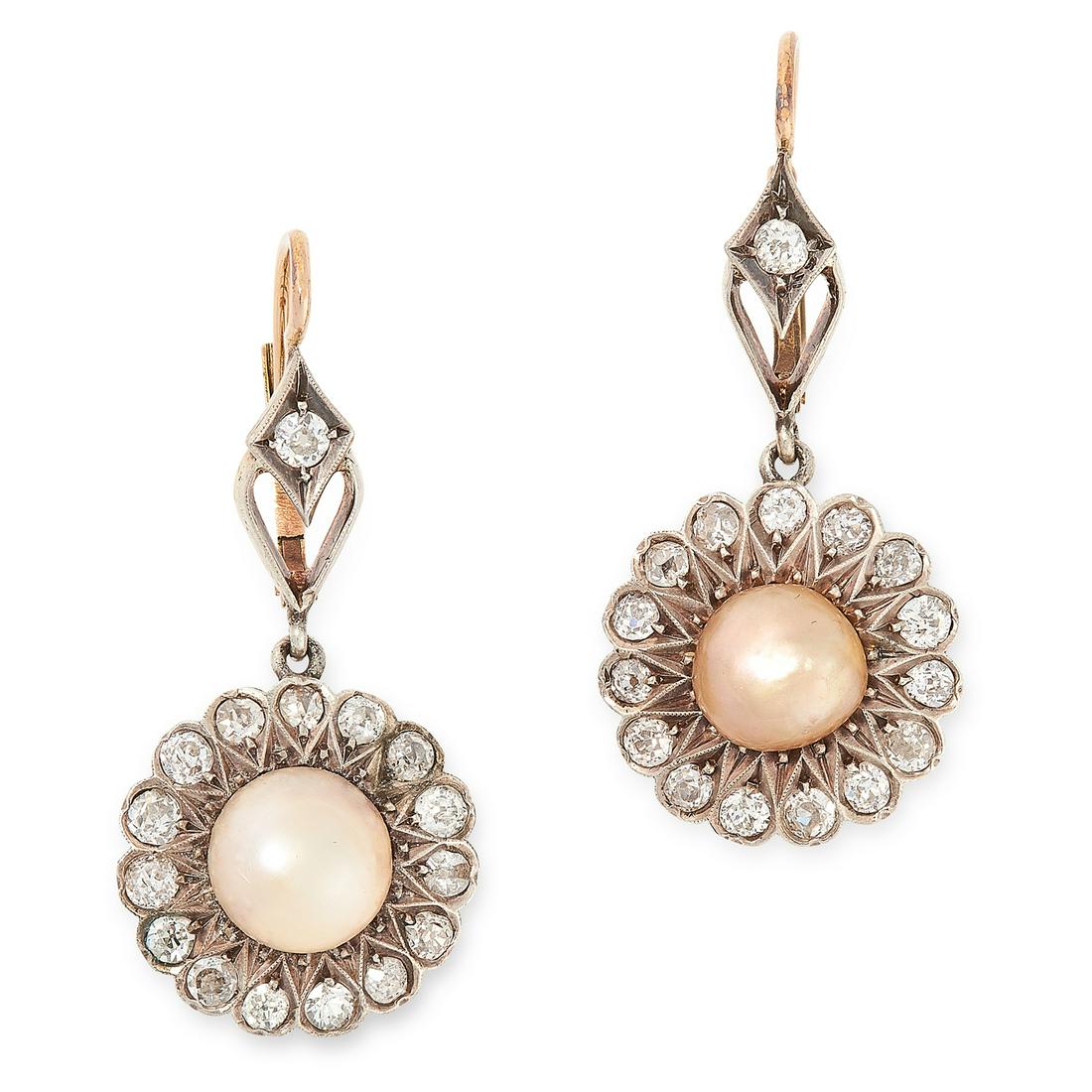 PAIR OF ANTIQUE NATURAL PEARL AND DIAMOND EARRINGS, (1 of 1)