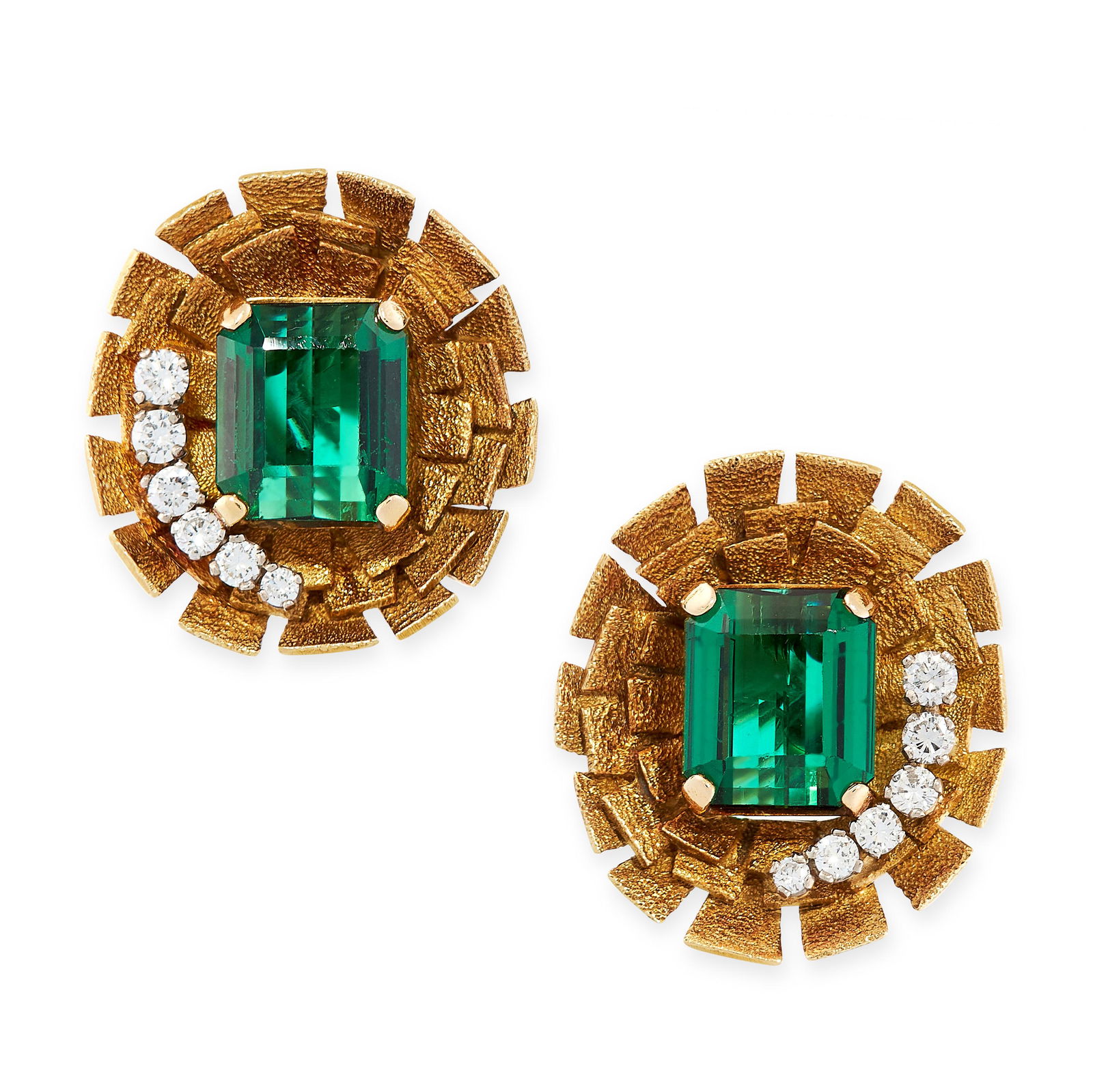 A PAIR OF VINTAGE GREEN TOURMALINE AND DIAMOND CLIP: A PAIR OF VINTAGE GREEN TOURMALINE AND DIAMOND CLIP EARRINGS, ANDREW GRIMA 1970s in 18ct yellow gold, each set with a central emerald cut green tourmaline of 6.21 and 6.09 carats, accented by rows of