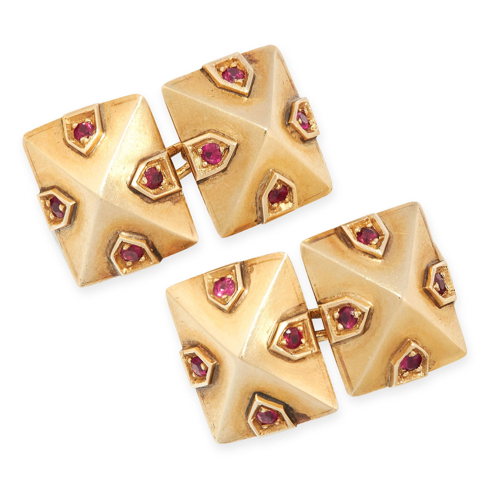A PAIR OF VINTAGE RUBY CUFFLINKS, CIRCA 1960 in 18ct: A PAIR OF VINTAGE RUBY CUFFLINKS, CIRCA 1960 in 18ct yellow gold, each formed of two rectangular pyramid faces, set with four round cut rubies, stamped VCA, stamped 18K, rectangular face 1.5cm, 16.7g.