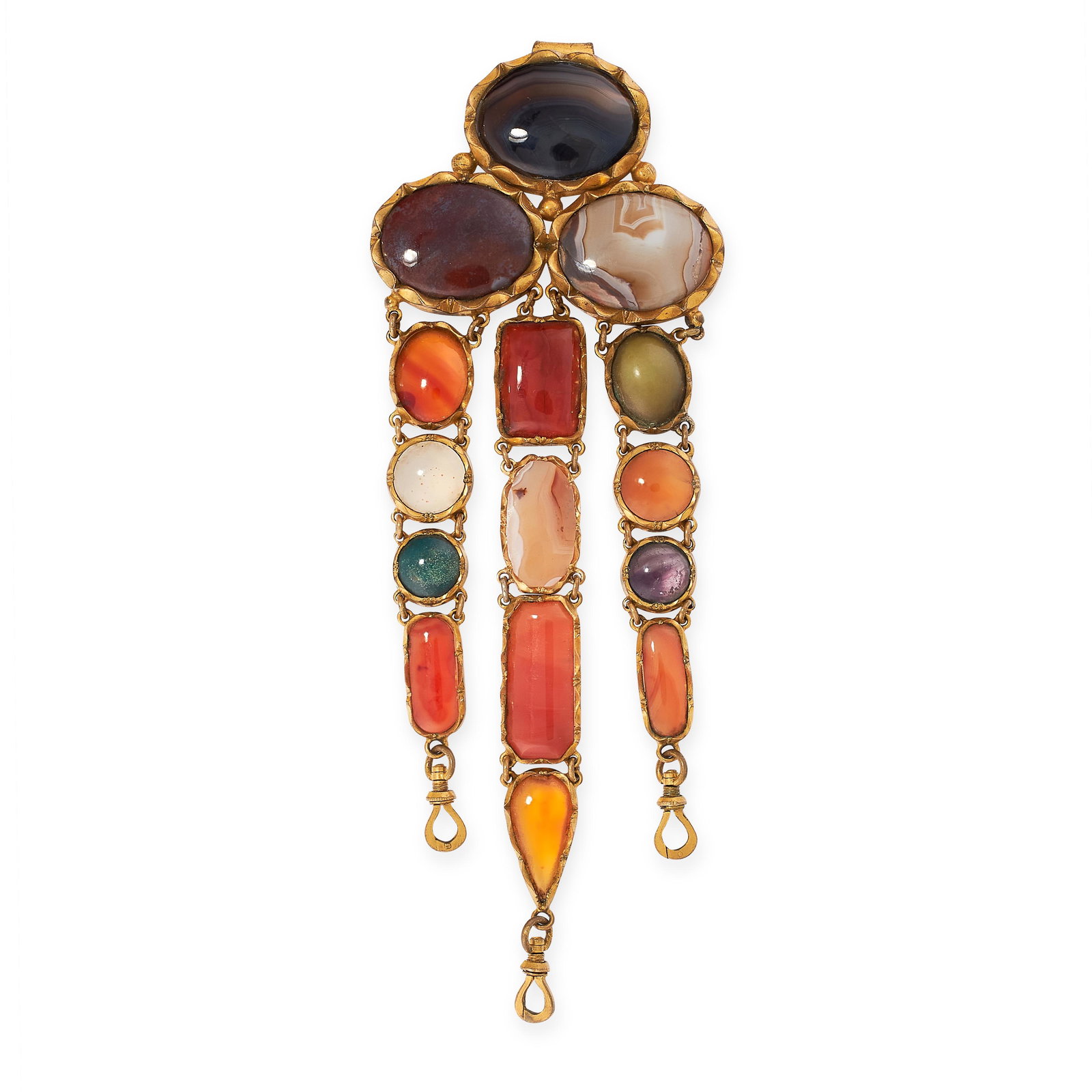 AN ANTIQUE AGATE CHATELAINE CLIP BROOCH, 19TH CENTURY: AN ANTIQUE AGATE CHATELAINE CLIP BROOCH, 19TH CENTURY set with a trio of polished agate cabochon, suspending three drops set with further polished agate, terminating with three swivel clasps, no assay