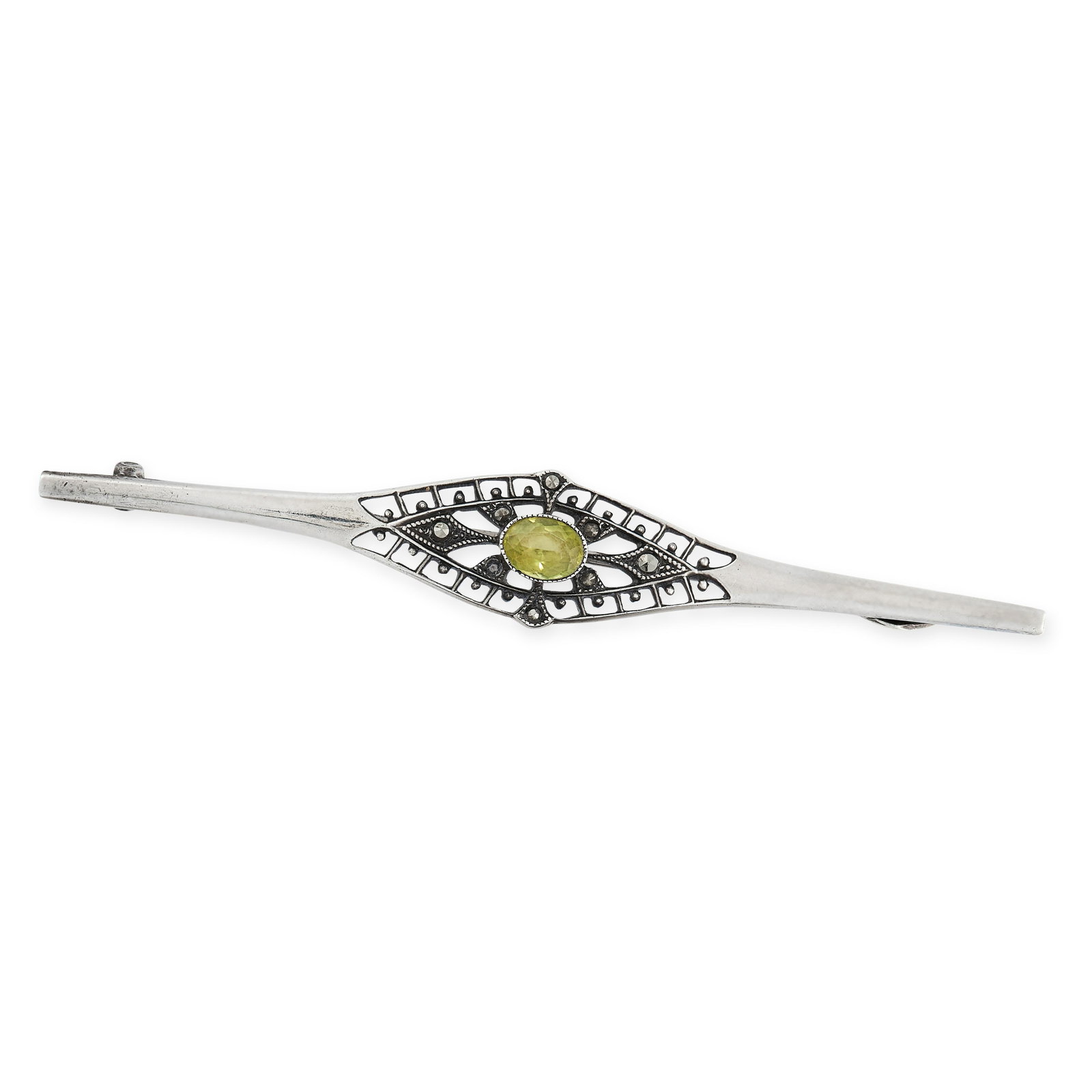AN ART NOUVEAU PERIDOT AND MARCASITE BROOCH, MEYLE &: AN ART NOUVEAU PERIDOT AND MARCASITE BROOCH, MEYLE & MAYER in silver, set with an oval cut peridot accented by marcasite, Meyle & Mayer makers mark, stamped STERLING, 7.7cm, 5.6g.