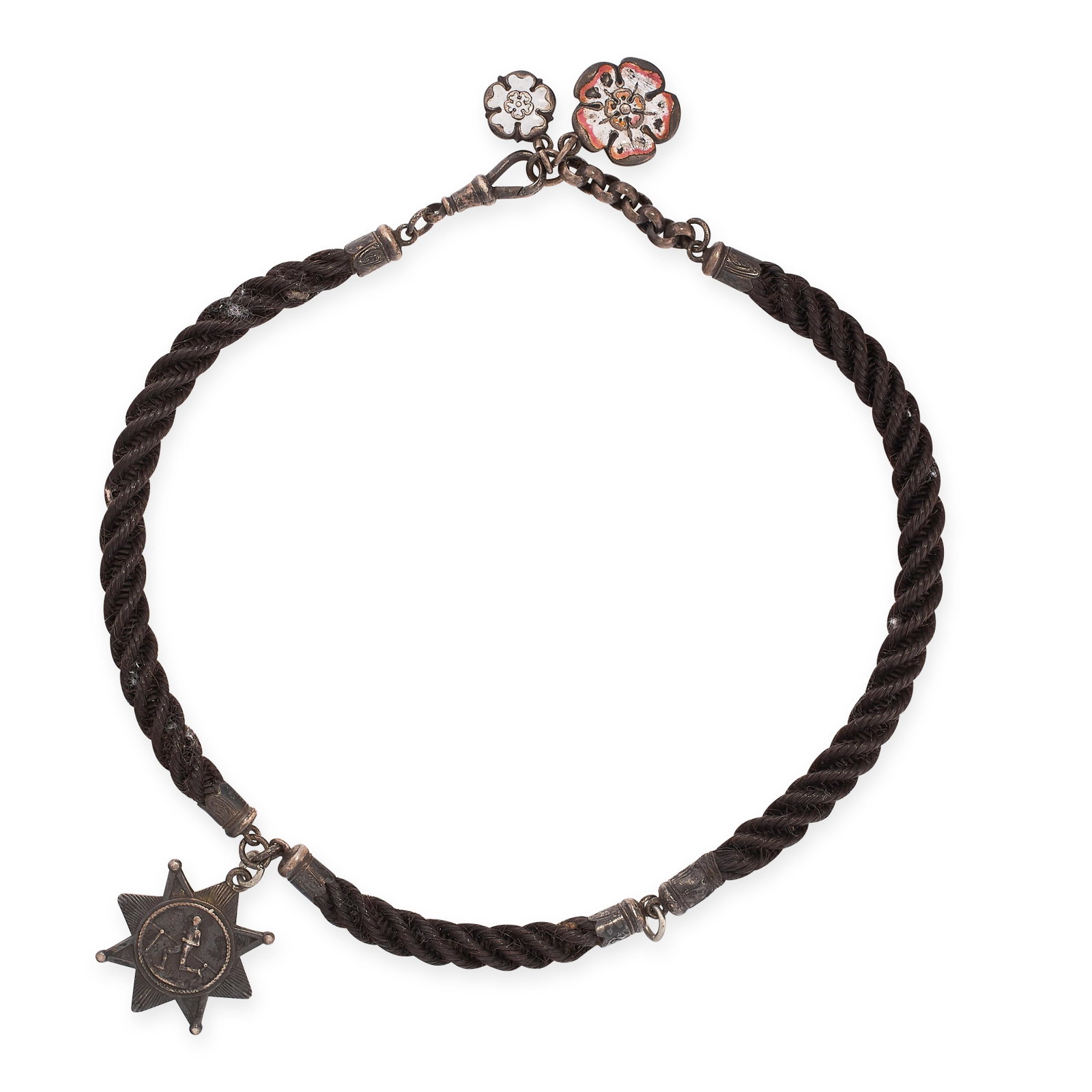 AN ANTIQUE ENAMEL HAIRWORK MOURNING NECKLACE in silver,: AN ANTIQUE ENAMEL HAIRWORK MOURNING NECKLACE in silver, formed of woven hairwork, suspending a trio of pendants, two with enamel, British hallmarks, 44.0cm, 29.4g.