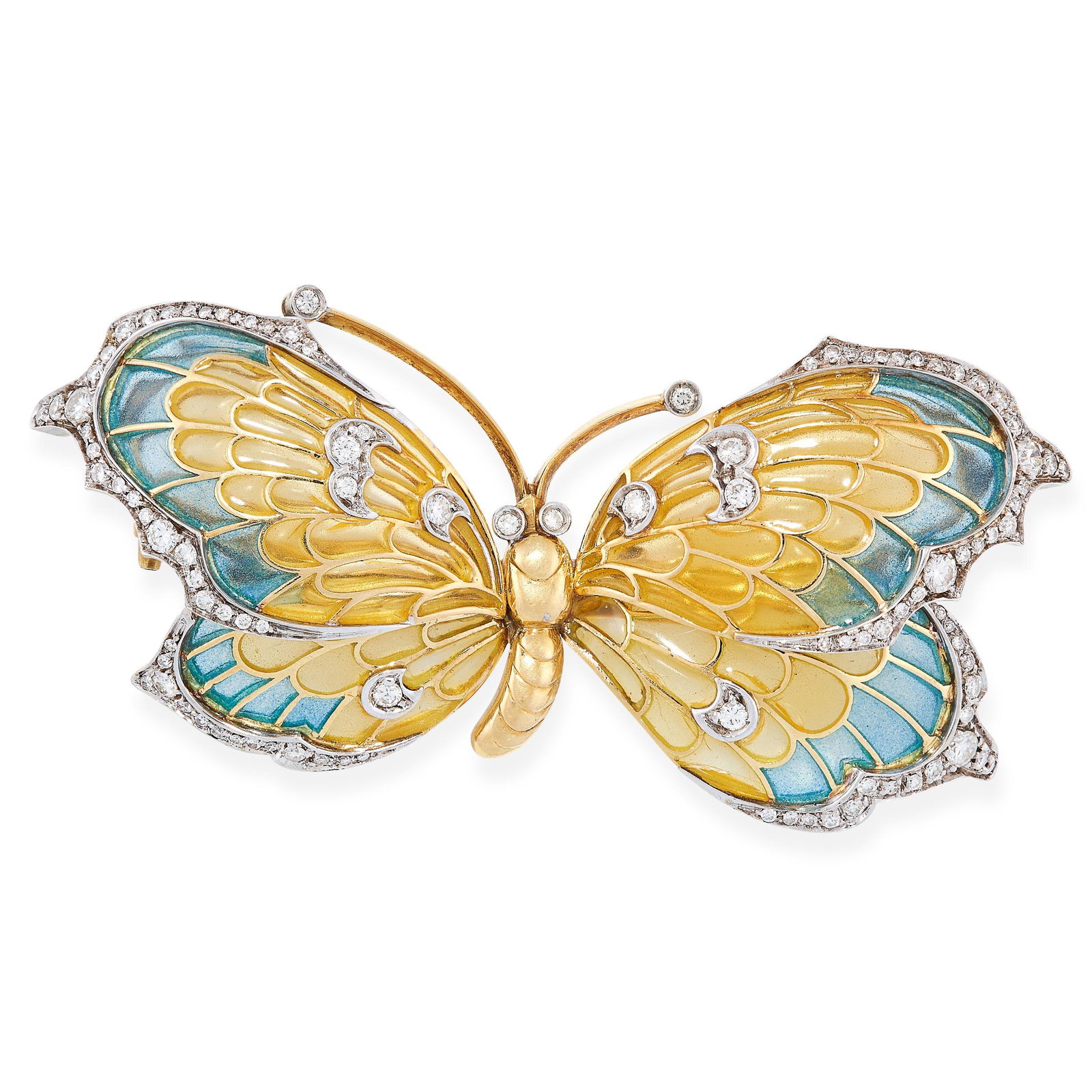 A PLIQUE A JOUR ENAMEL AND DIAMOND BUTTERFLY BROOCH in (1 of 2)