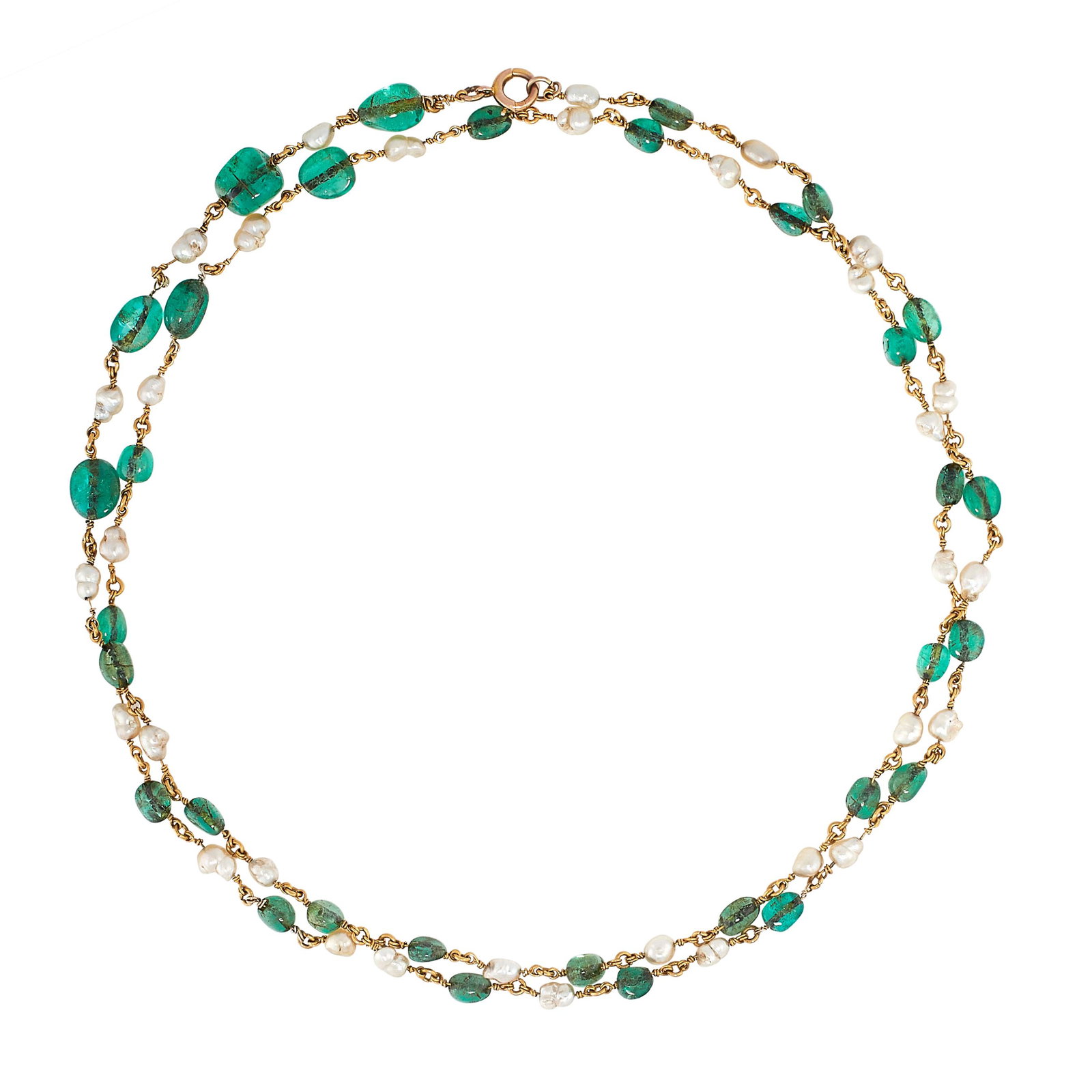 AN EMERALD AND PEARL NECKLACE in 9ct yellow gold, (1 of 1)