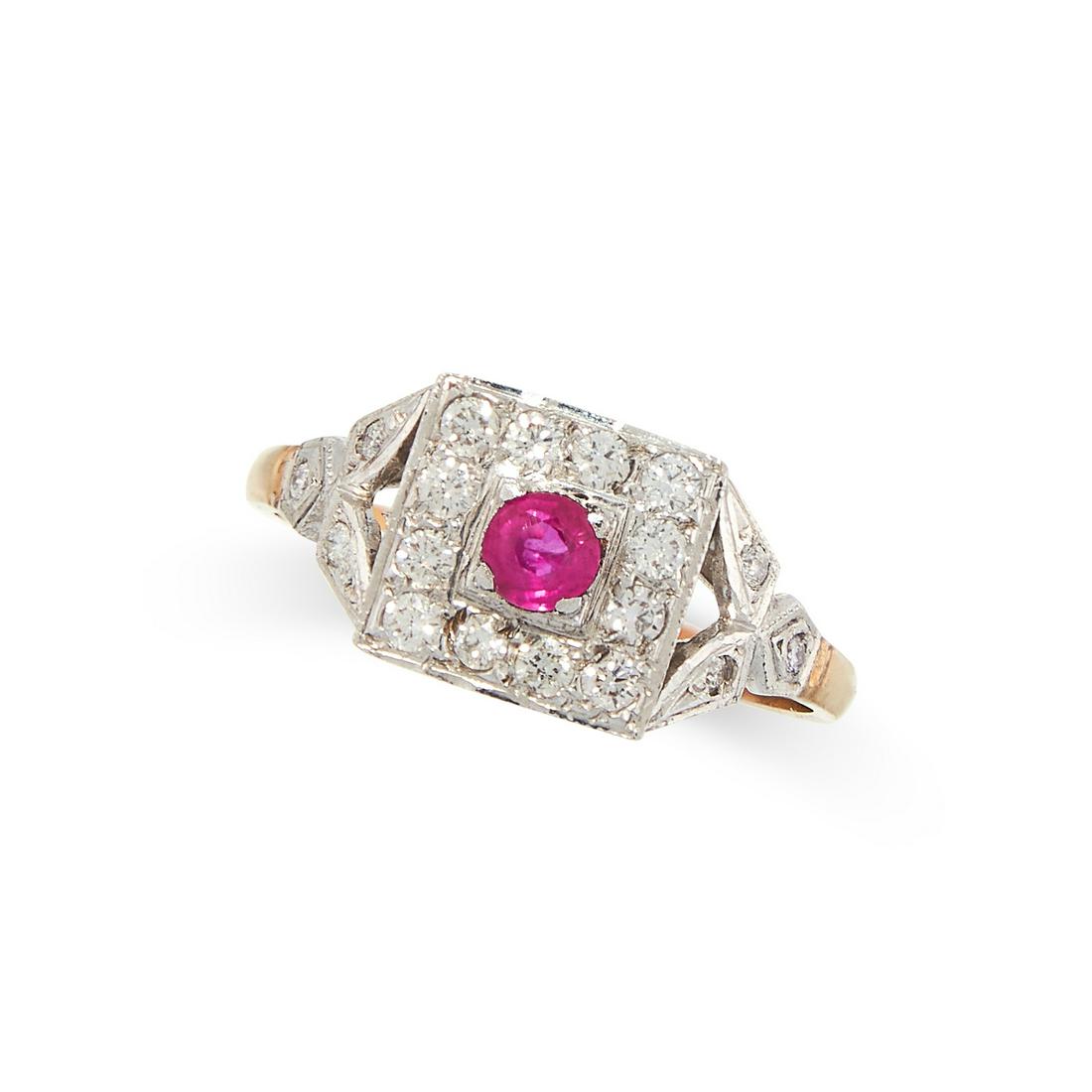 A RUBY AND DIAMOND RING in 9ct yellow gold, the square (1 of 2)